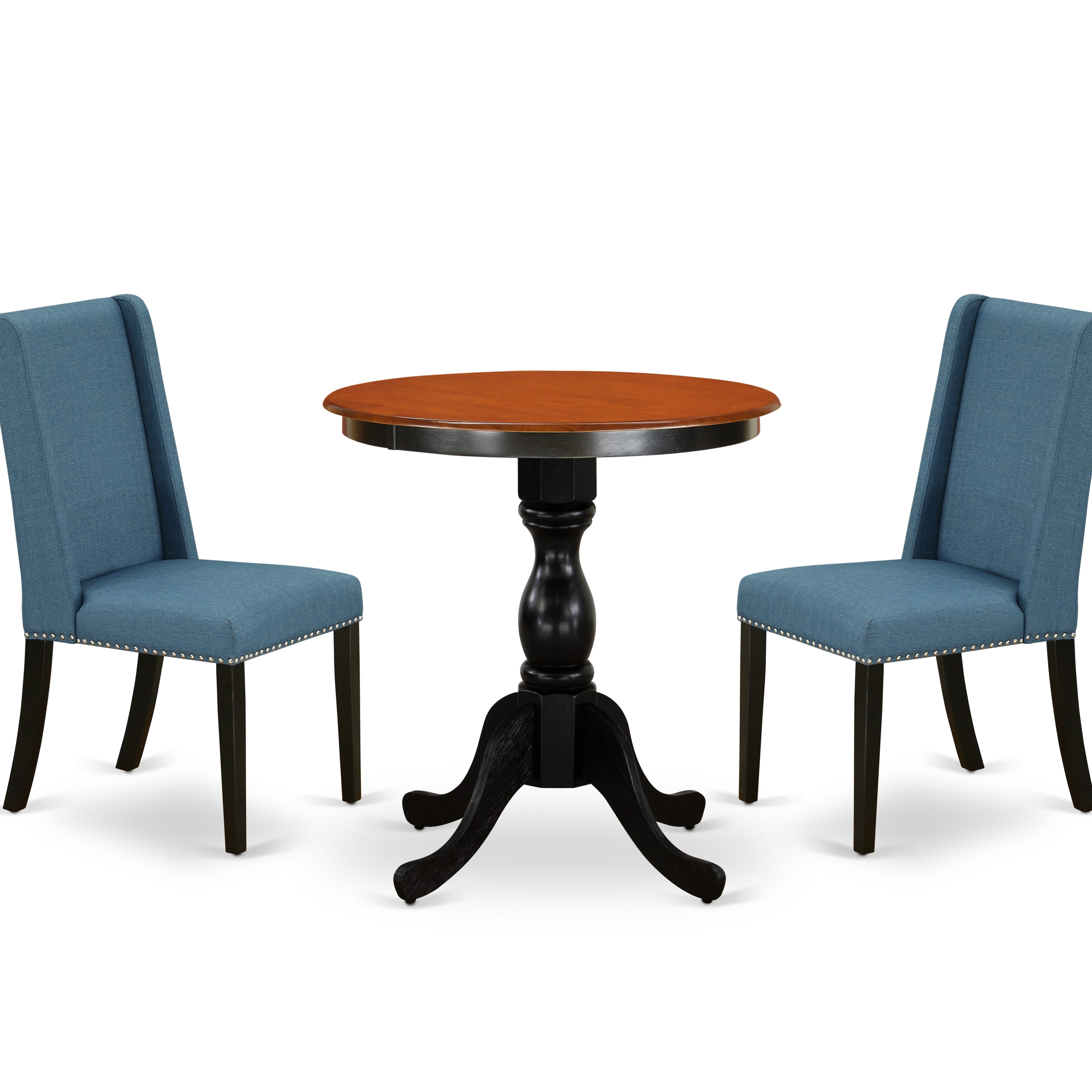East West Furniture ESFL3-BCH-21 3-Piece Dining Table Set Consist of Dining Room Table and 2 Blue Linen Fabric Padded Chairs with Stylish High Back - Black Finish