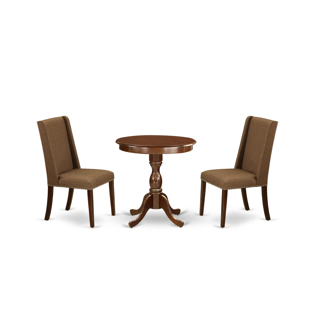 East West Furniture ESFL3-MAH-18 3 Piece Dining Room Furniture Set Contains a Round Dining Table with Pedestal and 2 Brown Linen Linen Fabric Upholstered Chairs, 30x30 Inch, Mahogany