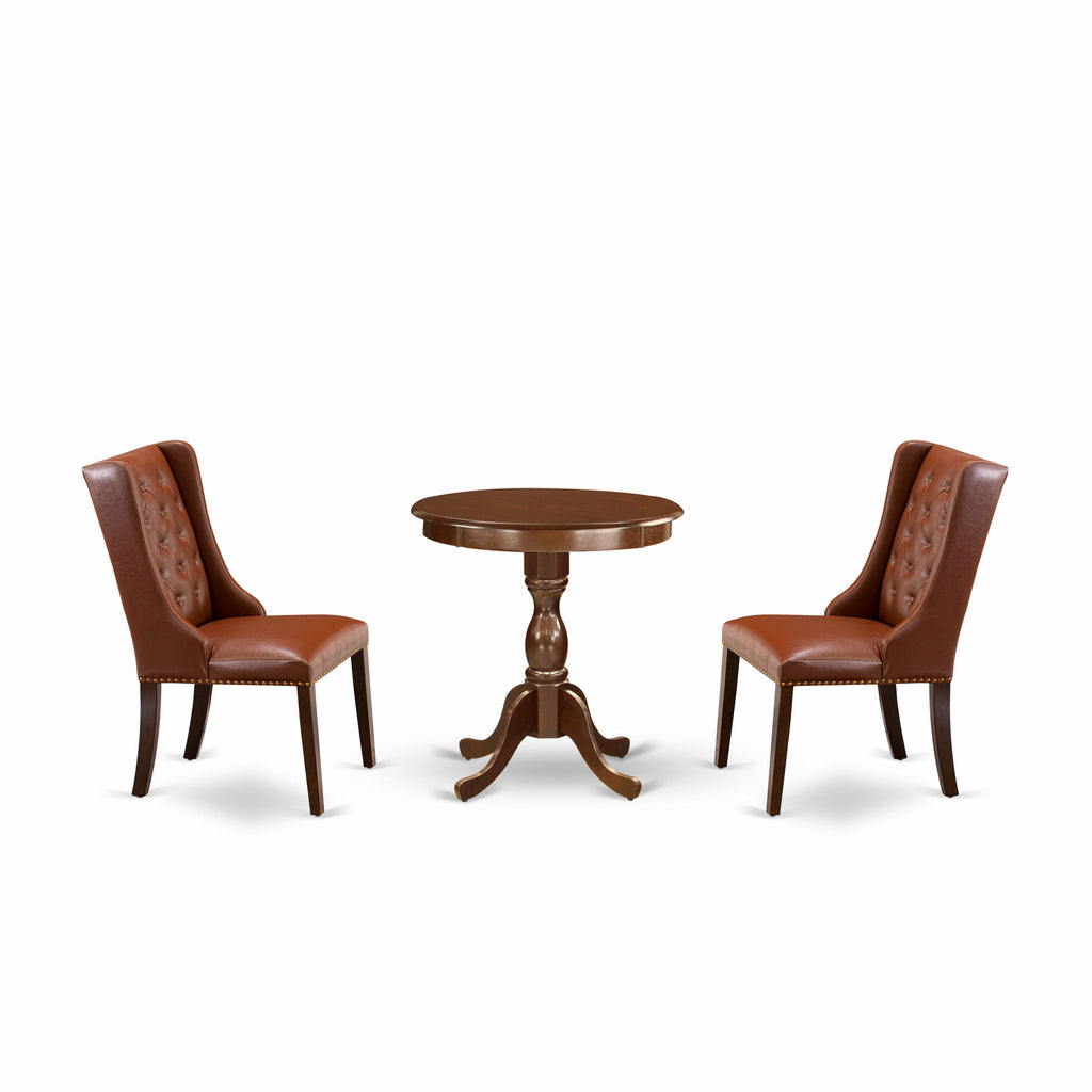 East West Furniture ESFO3-MAH-46 3 Piece Dinette Set for Small Spaces Contains a Round Dining Table with Pedestal and 2 Brown Faux Faux Leather Upholstered Chairs, 30x30 Inch, Mahogany