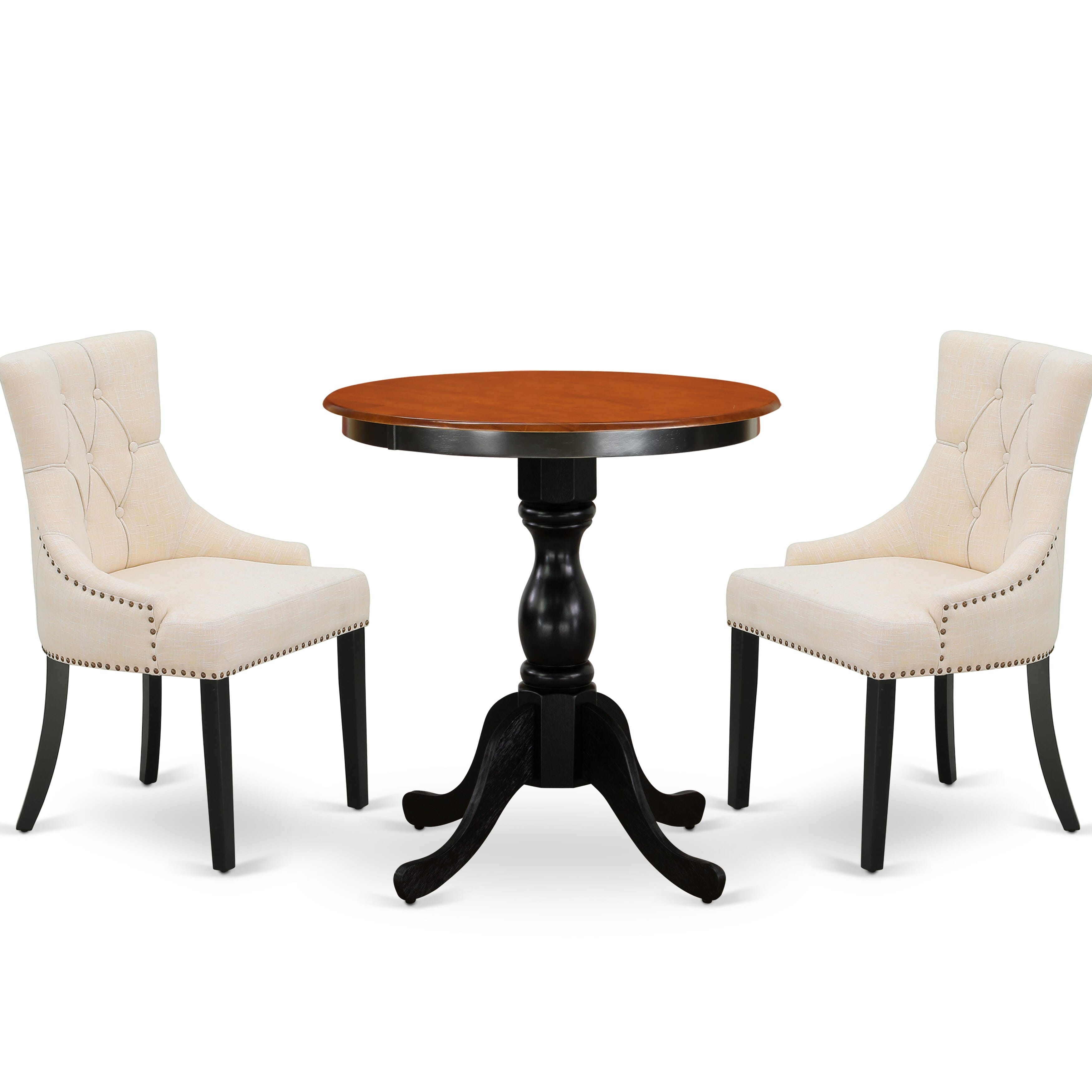 East West Furniture ESFR3-BCH-02 3-Piece Kitchen Dining Table SetInclude a Mid Century Dining Table and 2 Light Beige Linen Fabric Dining Chairs with Button Tufted Back - Black Finish
