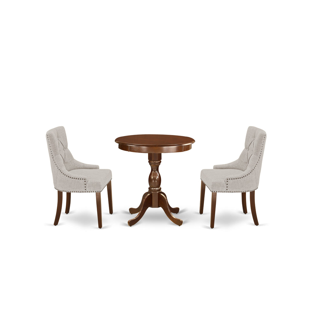 East West Furniture ESFR3-MAH-05 3 Piece Dinette Set for Small Spaces Contains a Round Dining Table with Pedestal and 2 Doeskin Linen Fabric Parsons Dining Chairs, 30x30 Inch, Mahogany