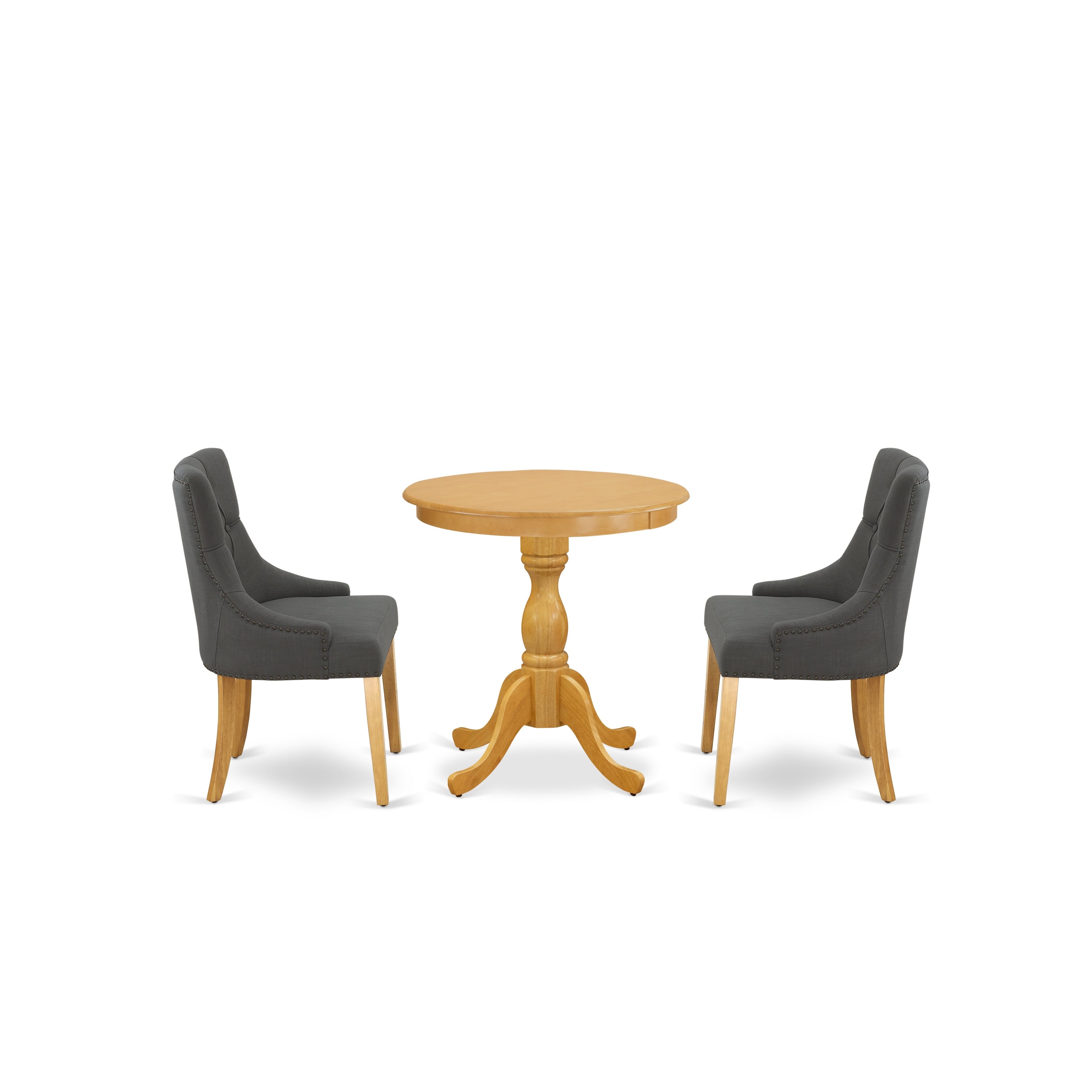 Juego de comedor de 3 piezas East West Furniture ESFR3-OAK-20 para espacios pequeños. Contiene una mesa de comedor redonda con pedestal y 2 sillas tapizadas en tela de lino Gotham oscuro.