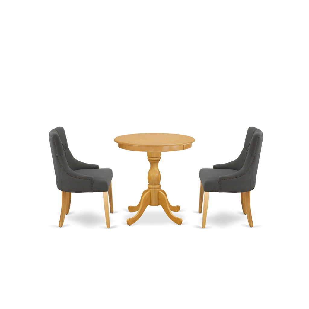 East West Furniture ESFR3-OAK-20 3 Piece Dinette Set for Small Spaces Contains a Round Dining Table with Pedestal and 2 Dark Gotham Linen Fabric Upholstered Chairs, 30x30 Inch, Oak