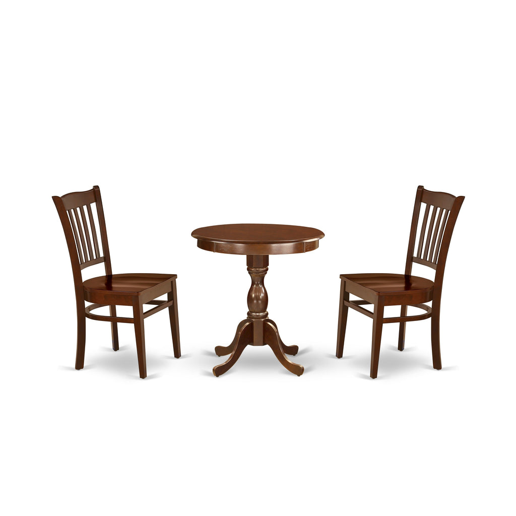 East West Furniture ESGR3-MAH-W 3 Piece Dining Set Contains a Round Dining Room Table with Pedestal and 2 Kitchen Chairs, 30x30 Inch, Mahogany