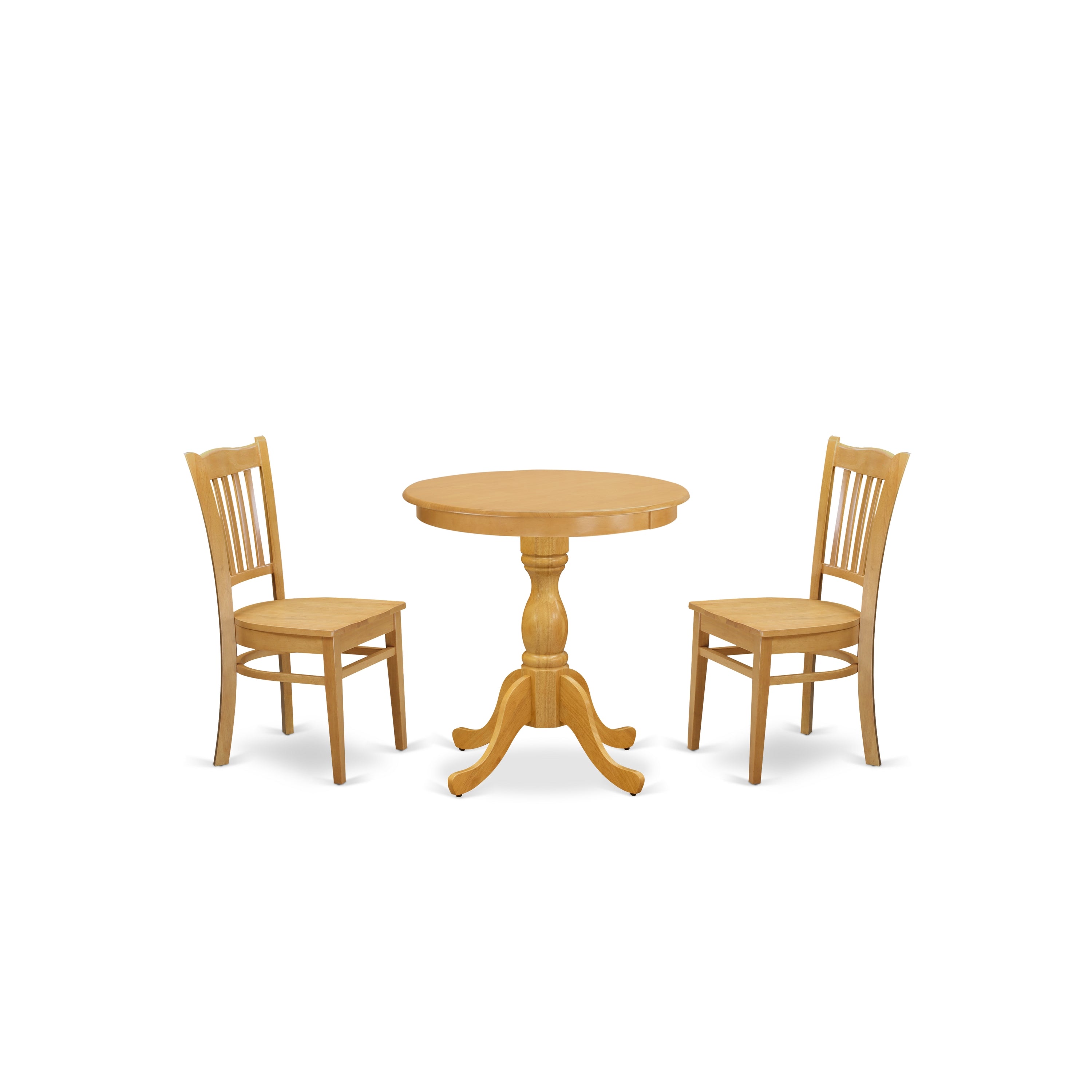 Juego de muebles de comedor de 3 piezas ESGR3-OAK-W de East West Furniture. Contiene una mesa de cocina redonda con pedestal y 2 sillas de comedor.