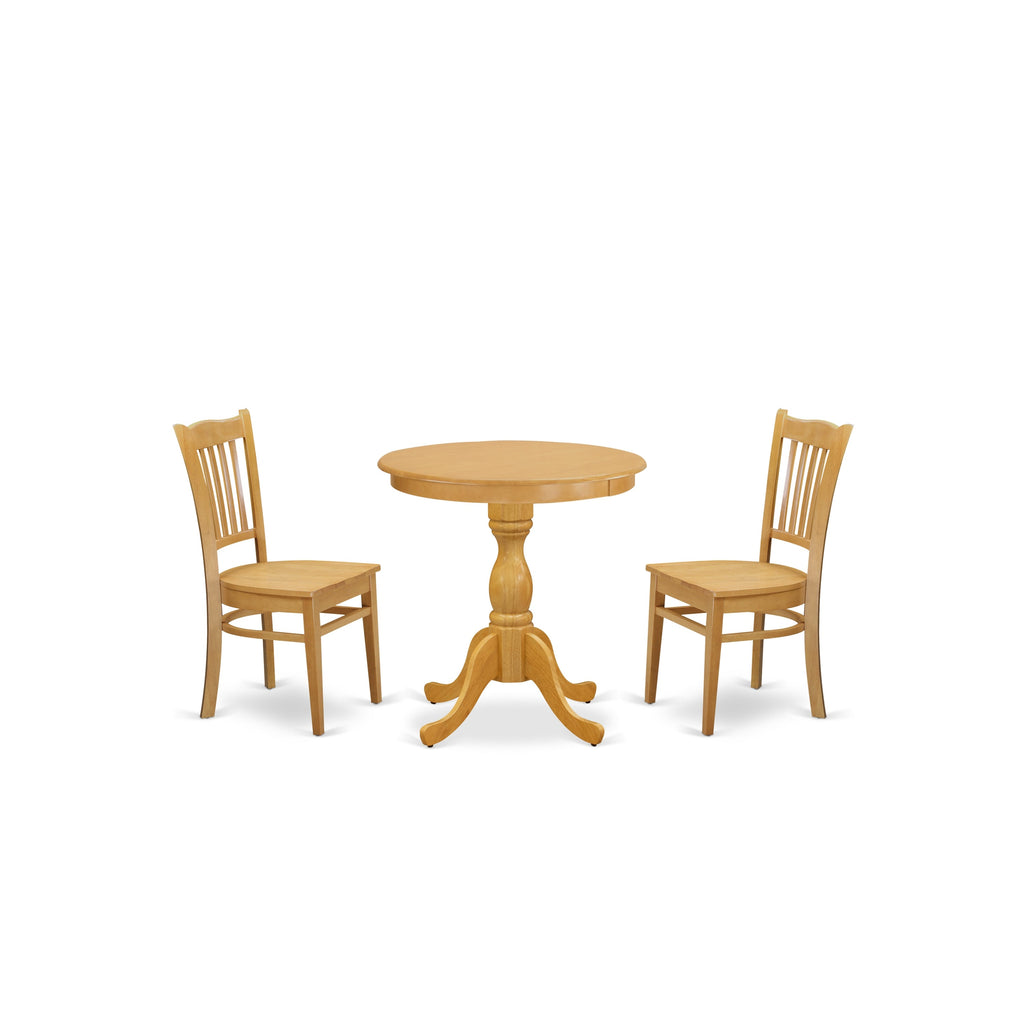 East West Furniture ESGR3-OAK-W 3 Piece Dining Room Furniture Set Contains a Round Kitchen Table with Pedestal and 2 Dining Chairs, 30x30 Inch, Oak