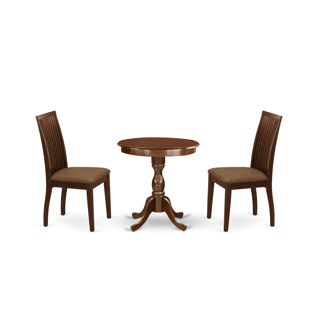 East West Furniture ESIP3-MAH-C 3 Piece Modern Dining Table Set Contains a Round Wooden Table with Pedestal and 2 Linen Fabric Upholstered Dining Chairs, 30x30 Inch, Mahogany