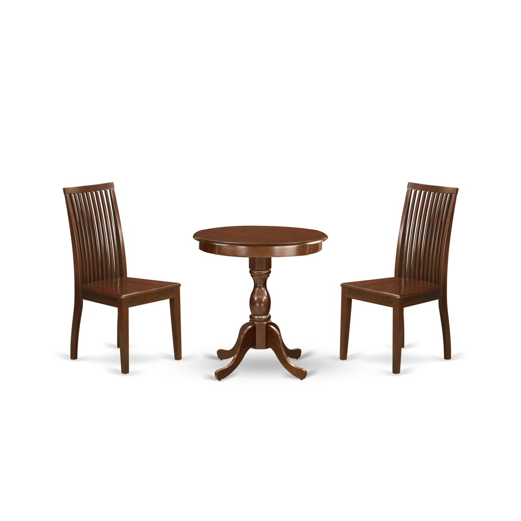 East West Furniture ESIP3-MAH-W 3 Piece Dining Table Set for Small Spaces Contains a Round Dining Room Table with Pedestal and 2 Wood Seat Chairs