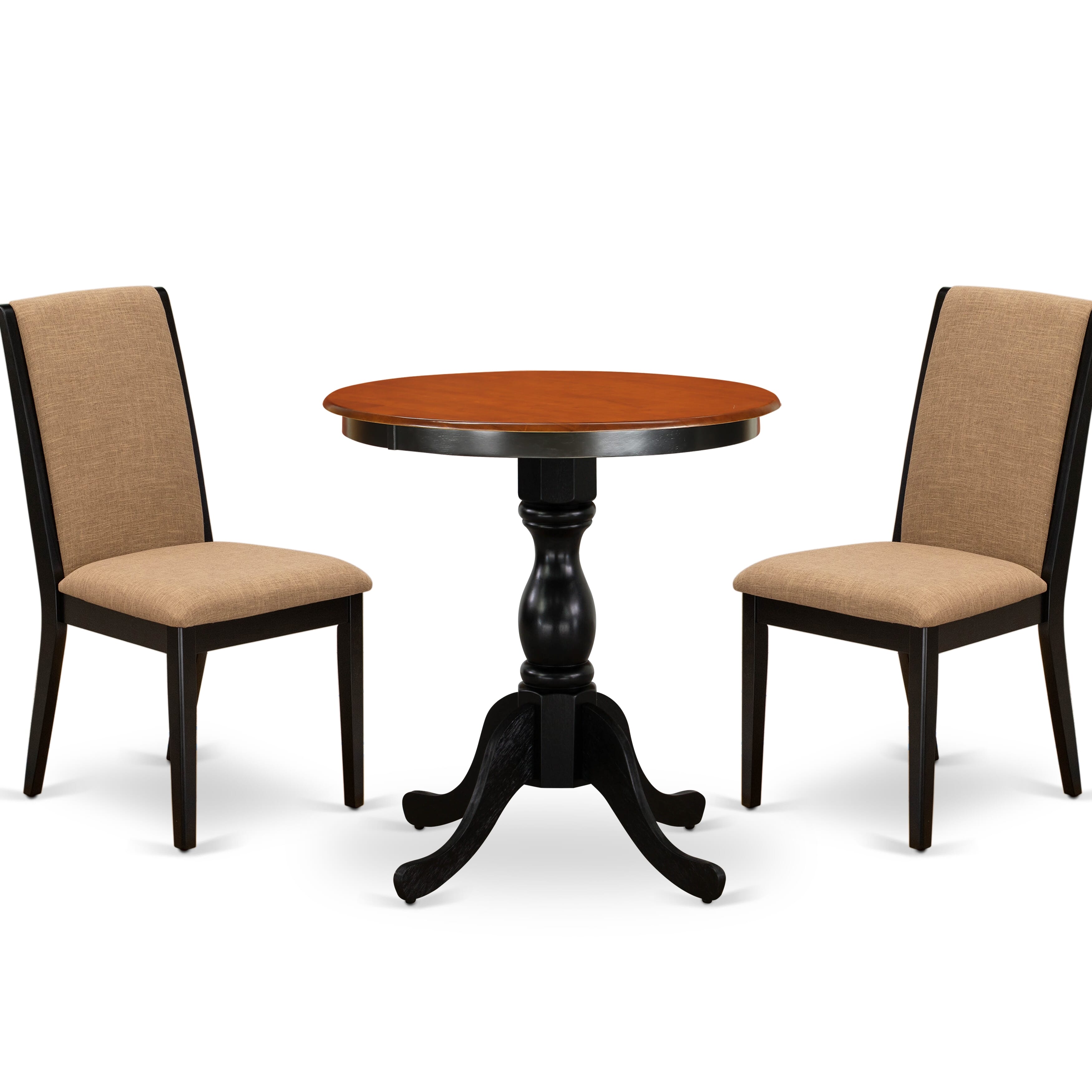 East West Furniture ESLA3-BCH-473-Piece Dinner Table SetInclude a Wood Table and 2 Light Sable Linen Fabric Padded Chairs with Stylish High Back - Black Finish