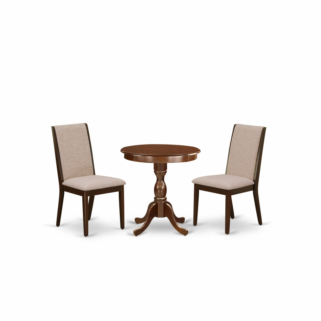 East West Furniture ESLA3-MAH-04 3 Piece Kitchen Table & Chairs Set Contains a Round Dining Room Table with Pedestal and 2 Light Tan Linen Fabric Parsons Chairs