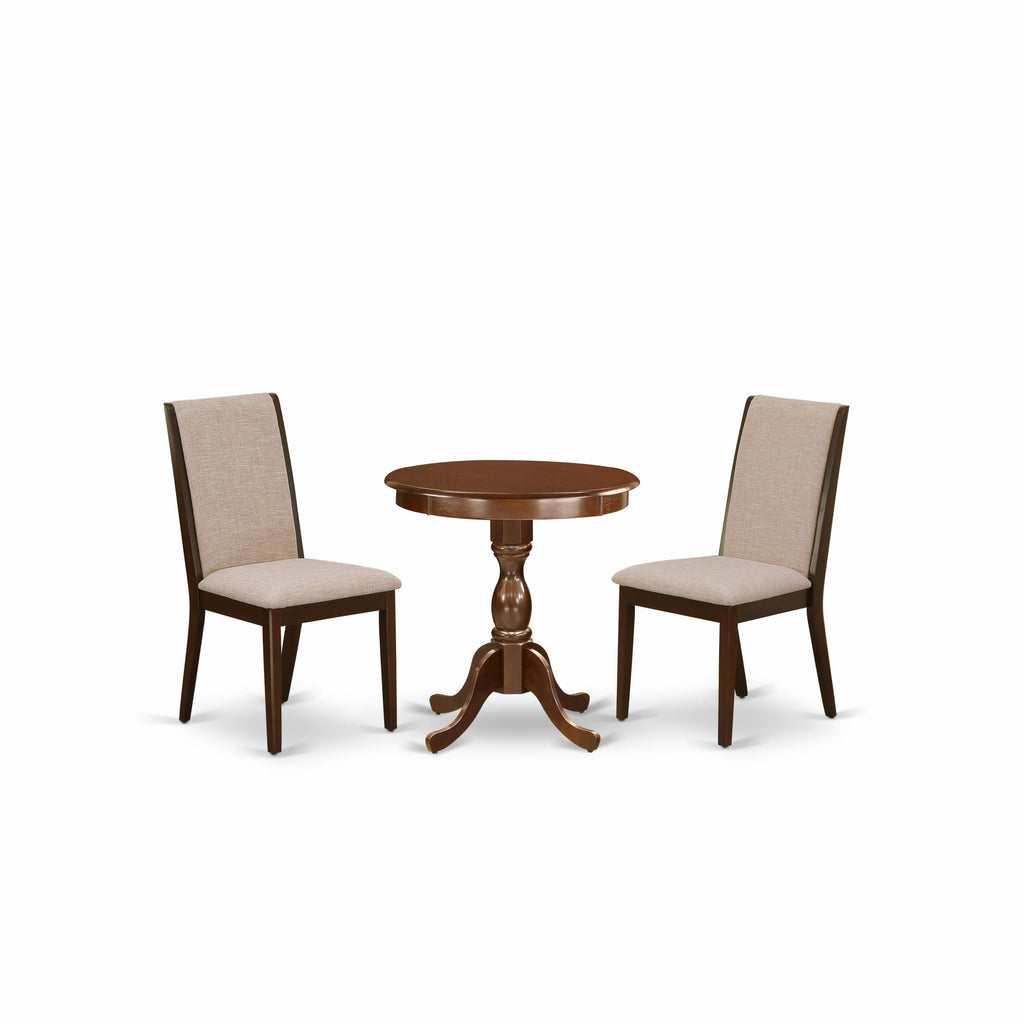 East West Furniture ESLA3-MAH-04 3 Piece Kitchen Table & Chairs Set Contains a Round Dining Room Table with Pedestal and 2 Light Tan Linen Fabric Parsons Chairs, 30x30 Inch, Mahogany