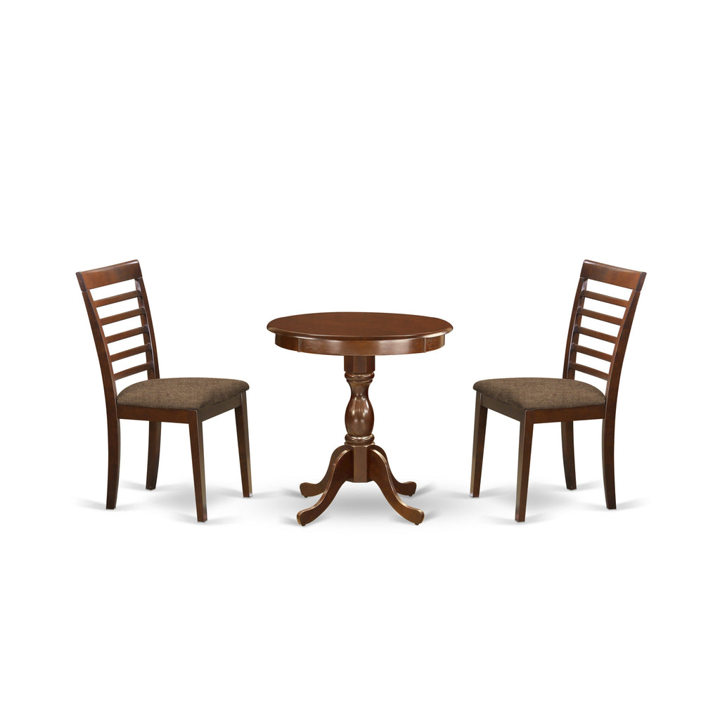East West Furniture ESML3-MAH-C 3 Piece Kitchen Table & Chairs Set Contains a Round Dining Table with Pedestal and 2 Linen Fabric Dining Room Chairs, 30x30 Inch, Mahogany
