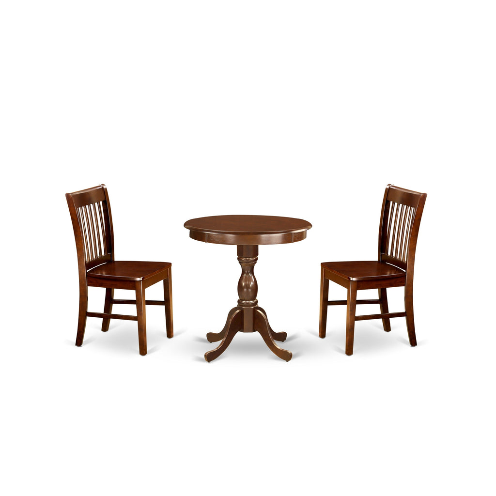 East West Furniture ESNF3-MAH-W 3 Piece Kitchen Table Set for Small Spaces Contains a Round Dining Room Table with Pedestal and 2 Dining Chairs, 30x30 Inch, Mahogany
