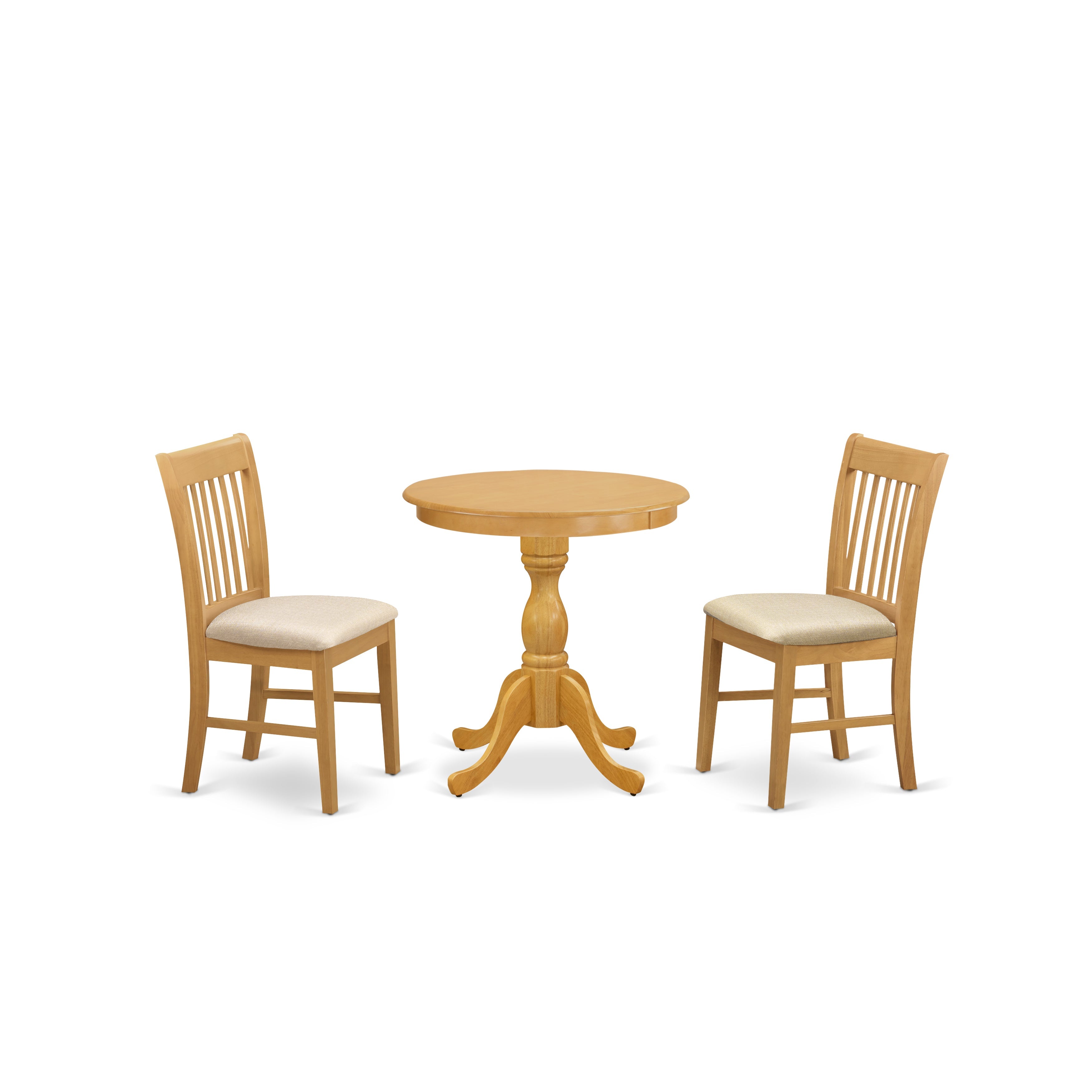 Juego de mesa de comedor moderna de 3 piezas East West Furniture ESNF3-OAK-C. Contiene una mesa redonda de madera con pedestal y 2 sillas de comedor tapizadas en tela de lino.