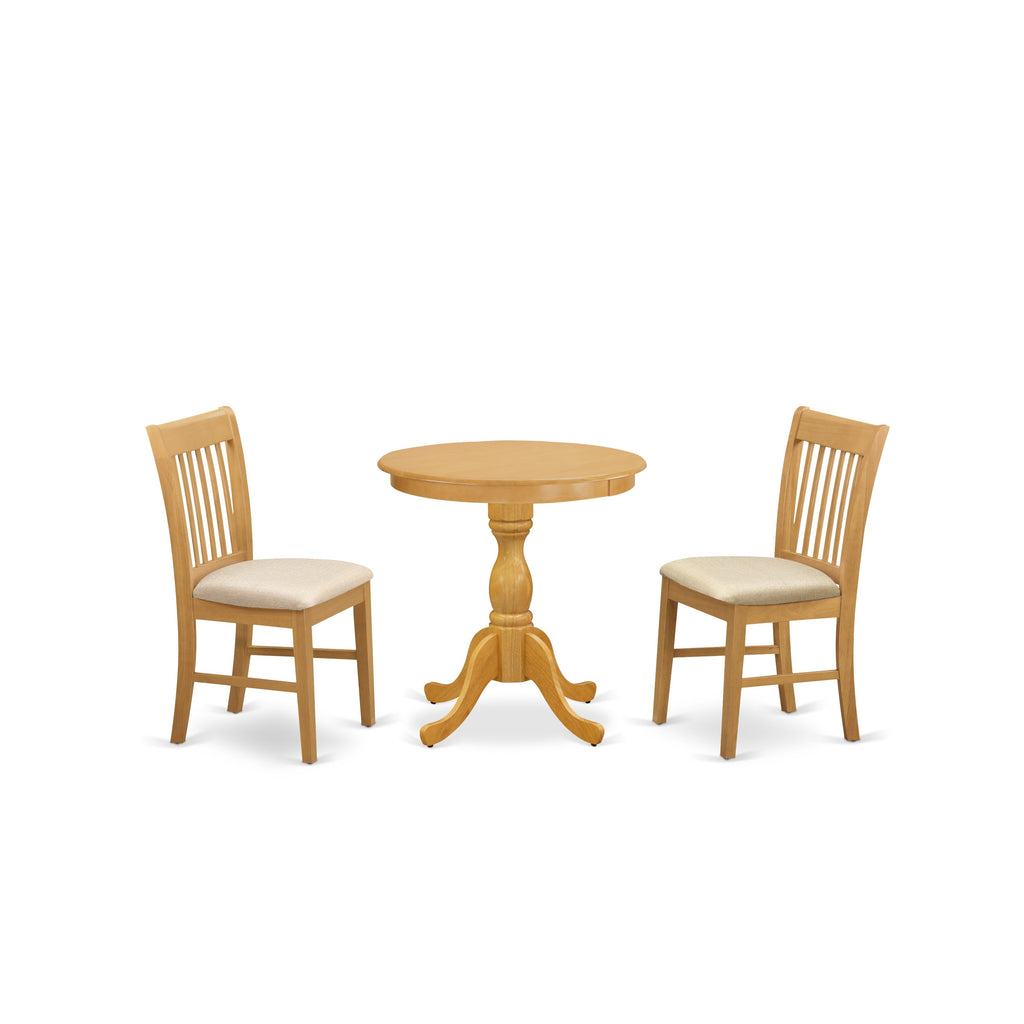 East West Furniture ESNF3-OAK-C 3 Piece Modern Dining Table Set Contains a Round Wooden Table with Pedestal and 2 Linen Fabric Upholstered Dining Chairs