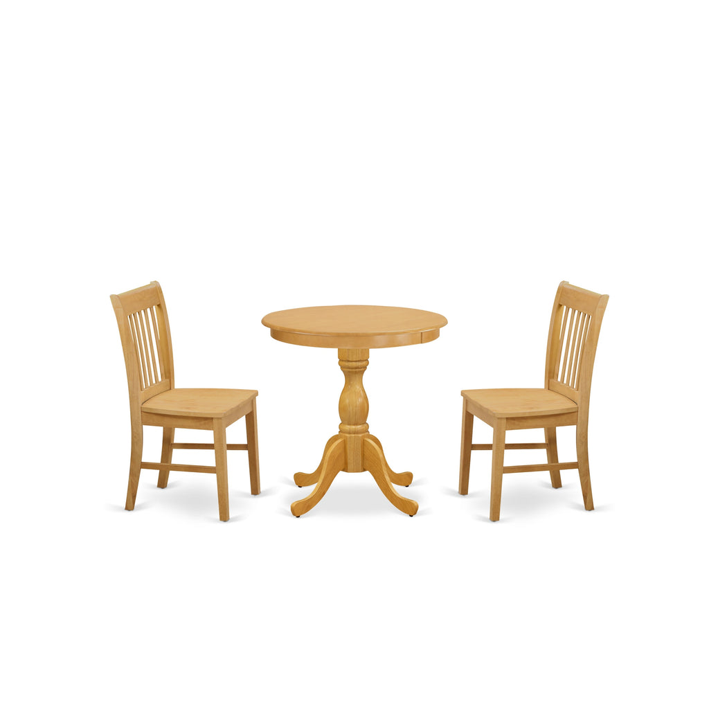 East West Furniture ESNF3-OAK-W 3 Piece Dining Set Contains a Round Dining Table with Pedestal and 2 Kitchen Chairs, 30x30 Inch, Oak