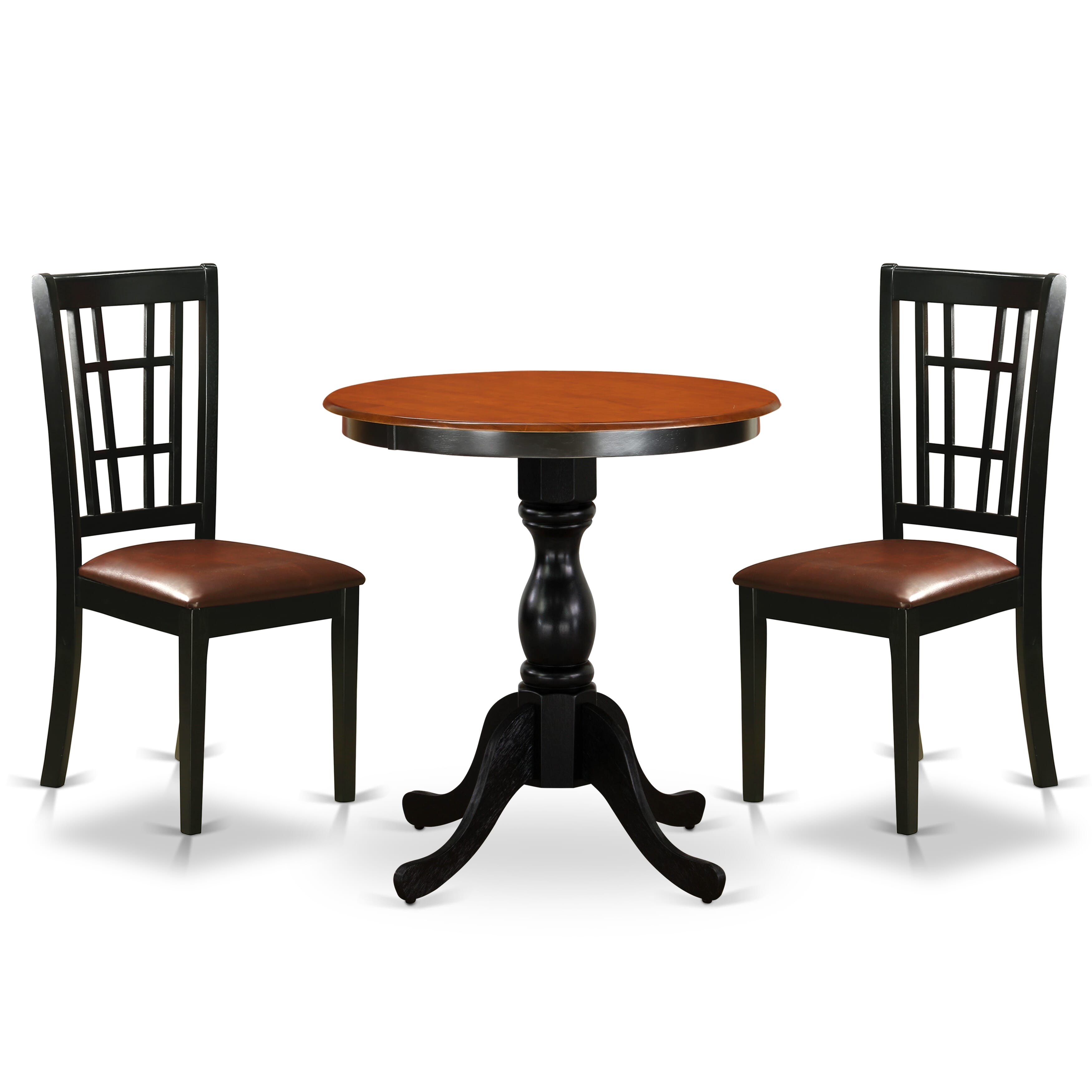 East West Furniture ESNI3-BCH-LC 3-Piece Mid Century Dining SetInclude a Dining Table and 2 faux Leather Dining Chairs with Slatted Back - Black Finish