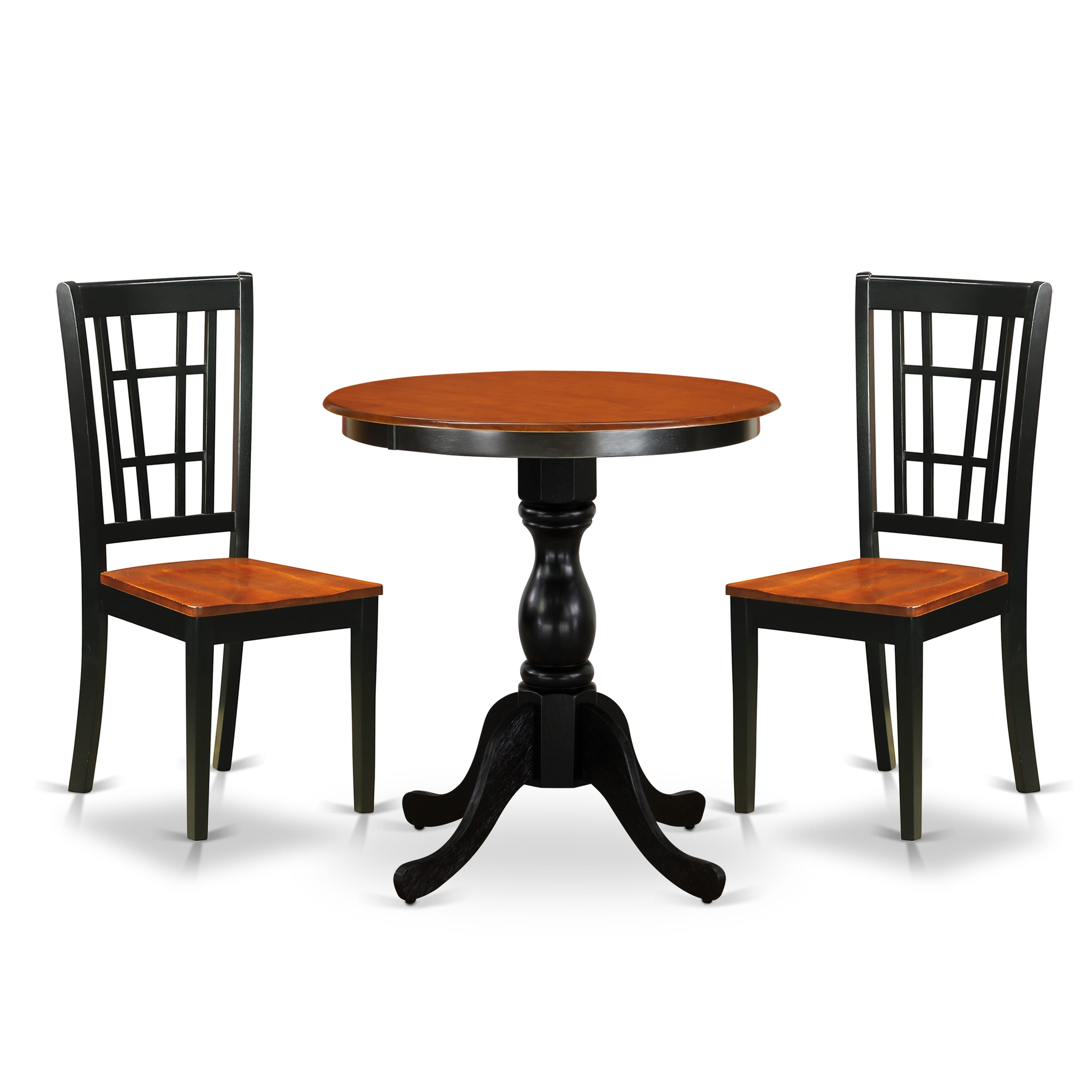 East West Furniture ESNI3-BCH-W 3-Piece Dining Table SetInclude a Round Dining Table and 2 Wooden Chairs with Slatted Back - Black Finish