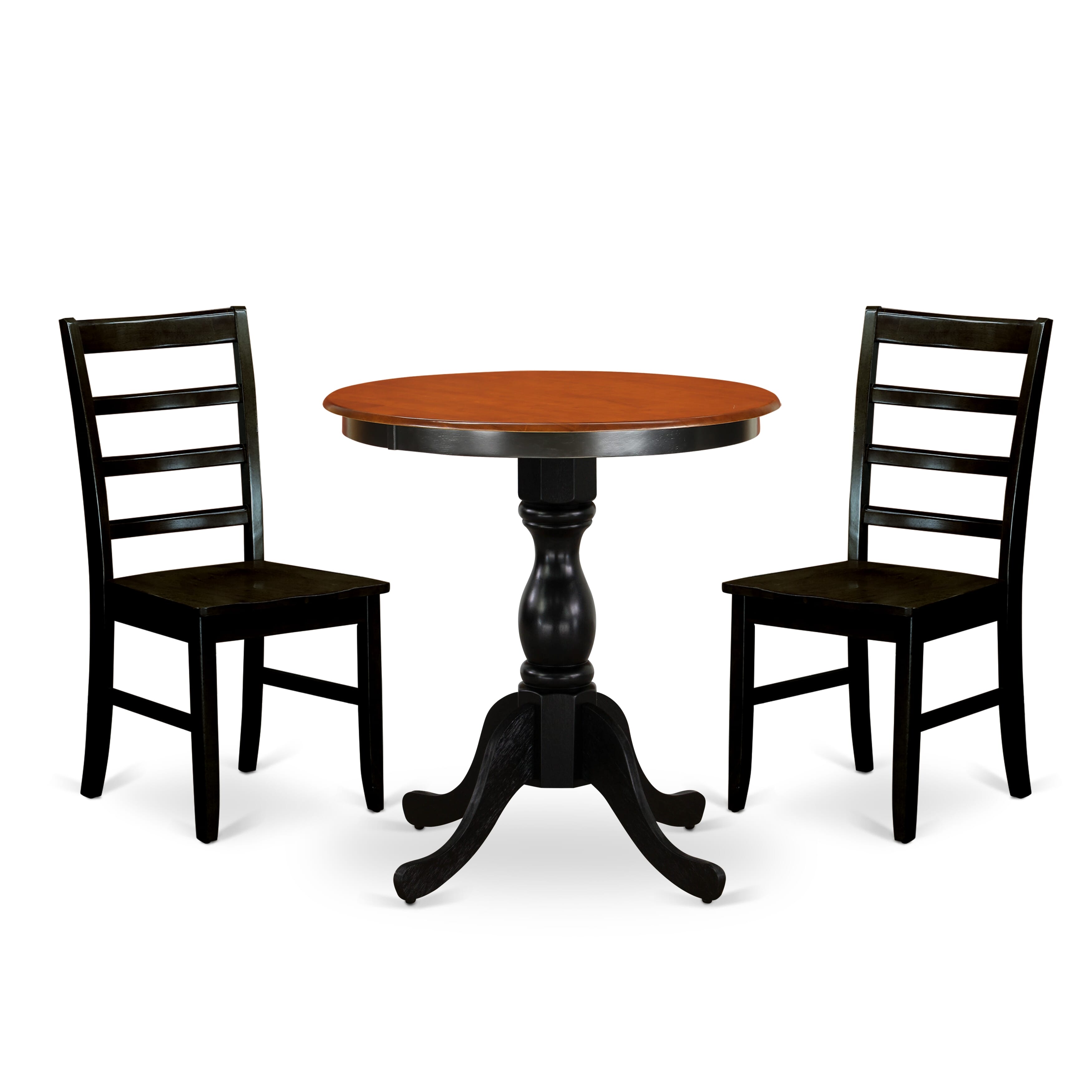 East West Furniture ESPF3-BCH-W 3-Piece Mid Century Dining Set Contains a Dinner Table and 2 Mid Century Chairs with Ladder Back - Black Finish