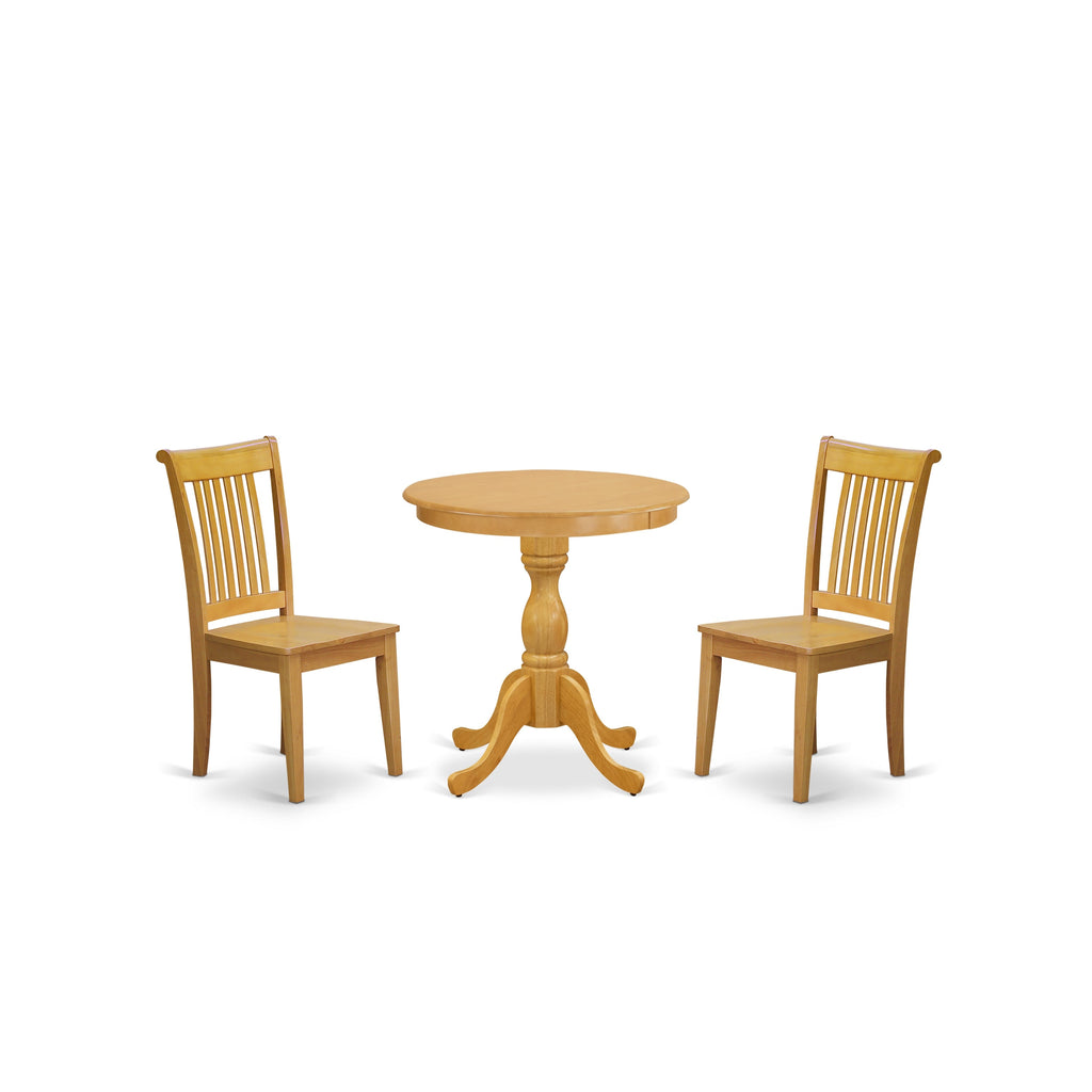 East West Furniture ESPO3-OAK-W 3 Piece Dining Room Furniture Set Contains a Round Kitchen Table with Pedestal and 2 Dining Chairs, 30x30 Inch, Oak