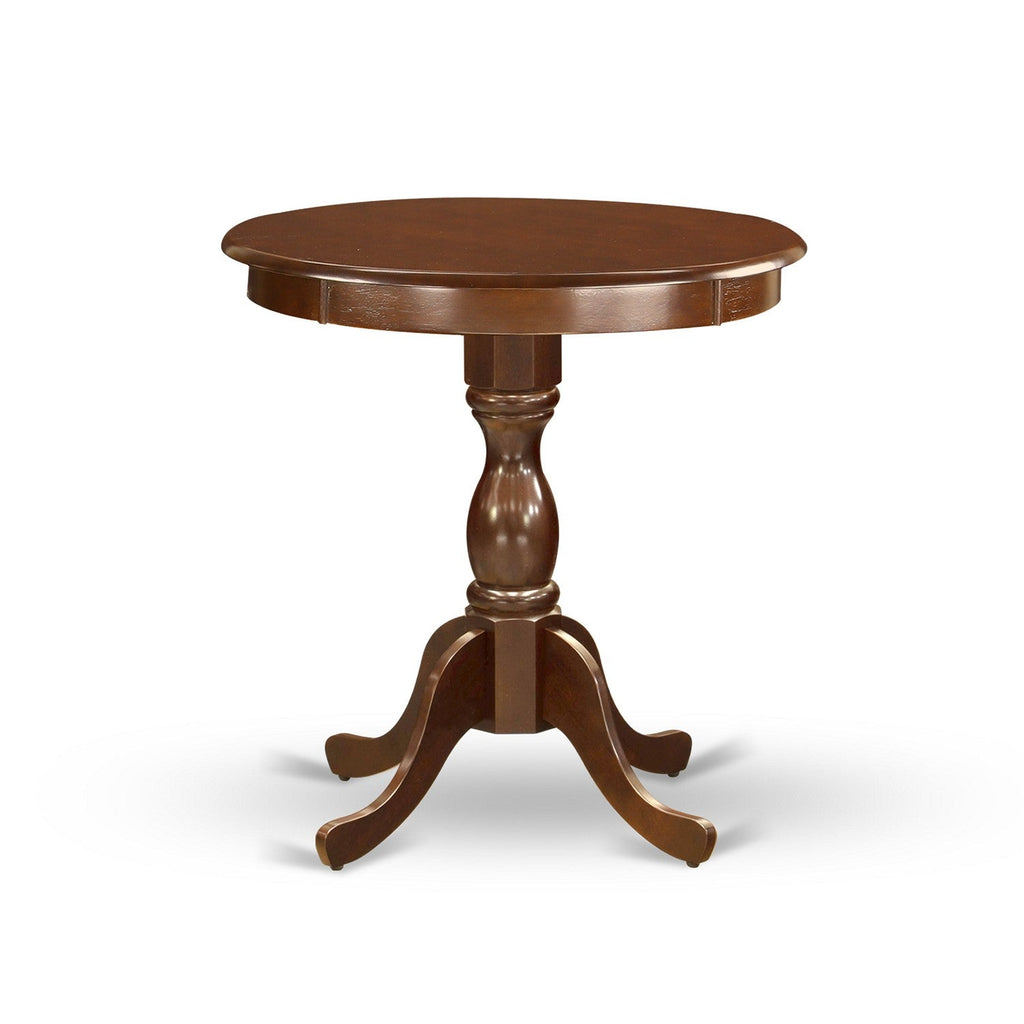 East West Furniture ESML3-MAH-W 3 Piece Dining Room Furniture Set Contains a Round Dining Table with Pedestal and 2 Wood Seat Chairs