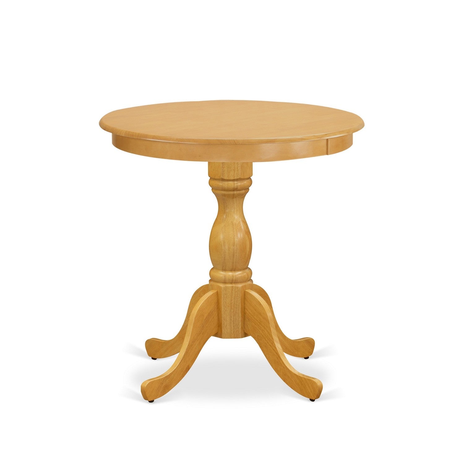 Juego de mesa de comedor de 3 piezas ESAB3-OAK-04 de East West Furniture para espacios pequeños. Contiene una mesa redonda de madera con pedestal y 2 sillas Parson de tela de lino color tostado claro.