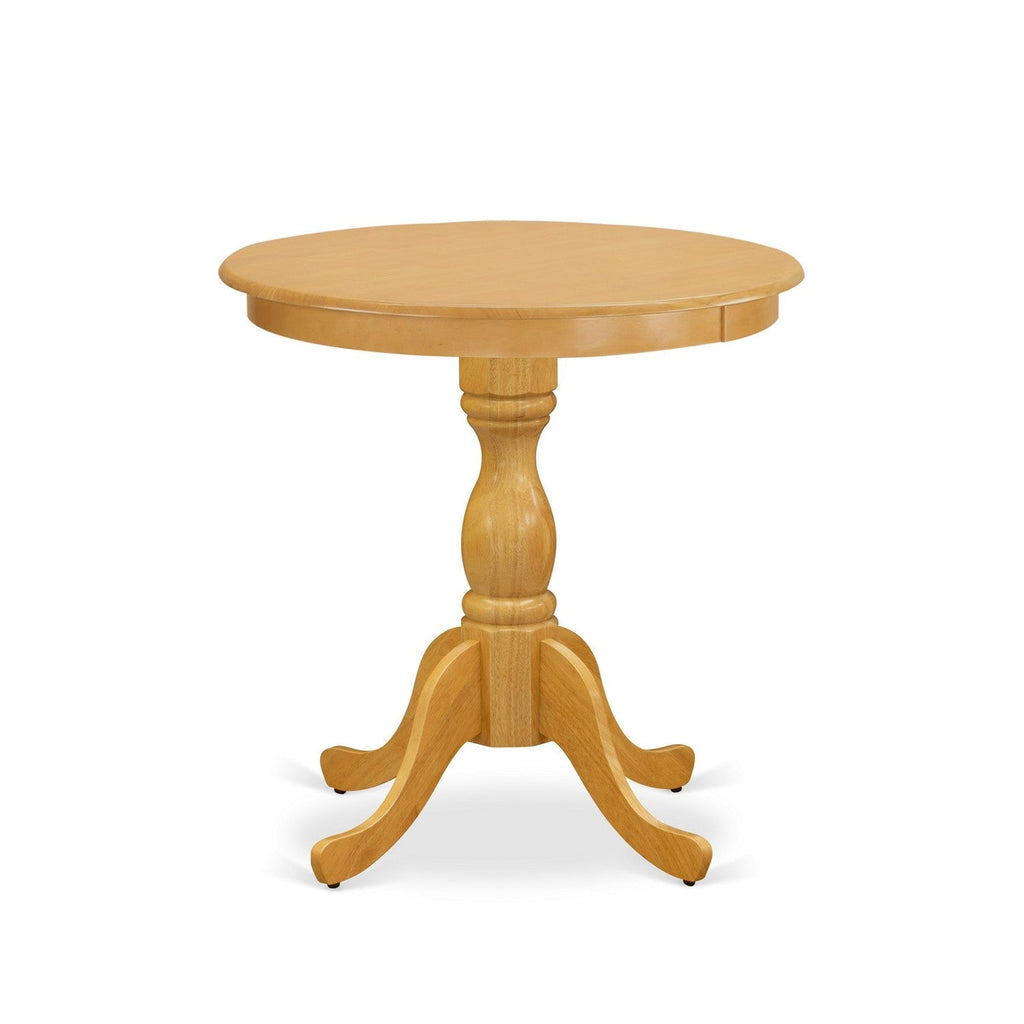 Juego de comedor de 3 piezas East West Furniture ESEN3-OAK-07 para espacios pequeños. Contiene una mesa de comedor redonda con pedestal y 2 sillas tapizadas en tela de lino Limelight.