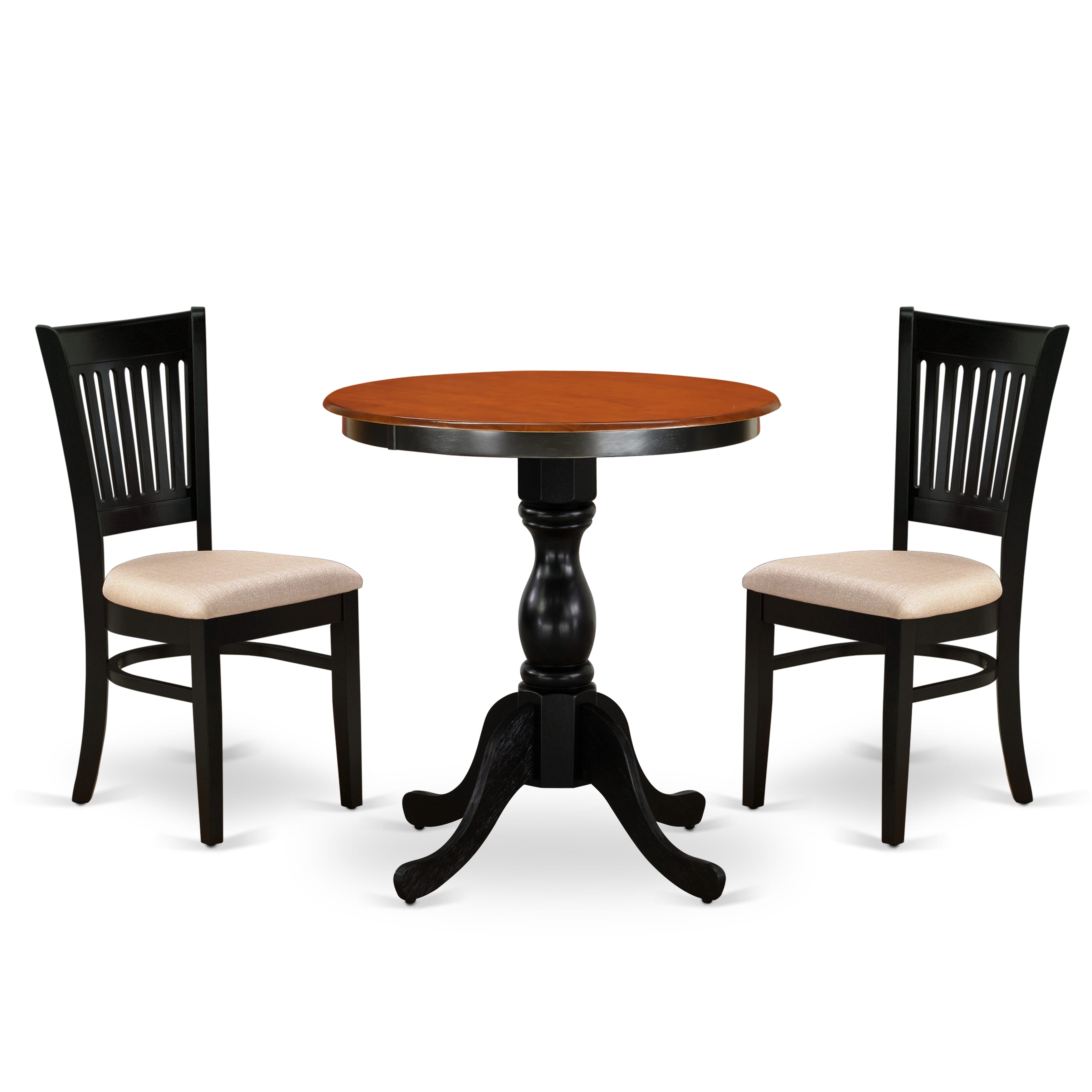 East West Furniture ESVA3-BCH-C 3-Piece Dining Table SetInclude a Wood Table and 2 Linen Fabric Kitchen Chairs with Slatted Back - Black Finish