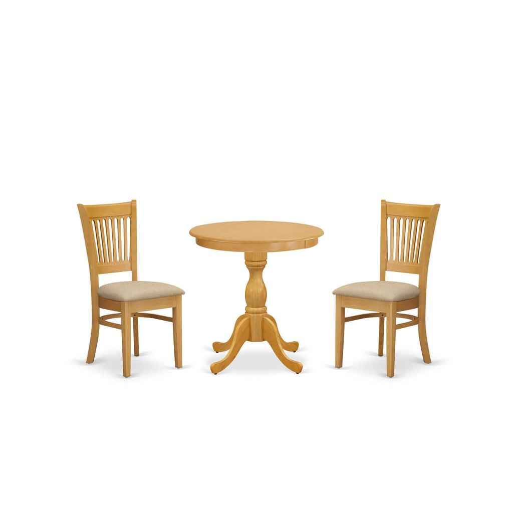 East West Furniture ESVA3-OAK-C 3 Piece Dining Table Set for Small Spaces Contains a Round Dining Room Table with Pedestal and 2 Linen Fabric Upholstered Chairs