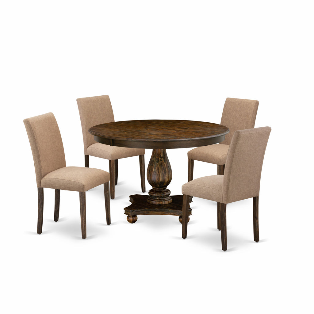 East West Furniture F2AB5-747 5 Piece Dining Room Furniture Set Includes a Round Dining Table with Pedestal and 4 Light Sable Linen Fabric Upholstered Chairs