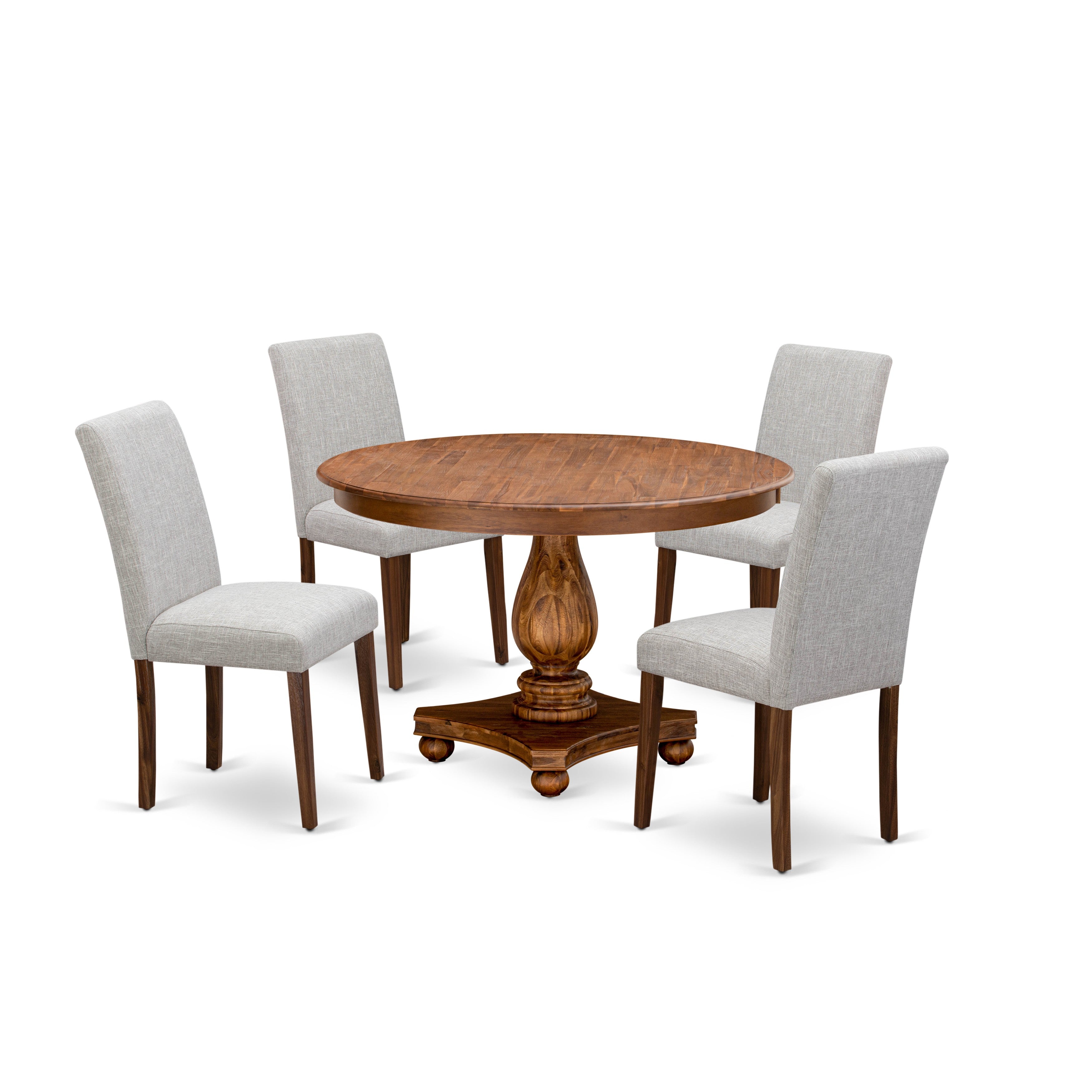 East West Furniture F2AB5-N35 5-Piece Dinette Set - Pedestal Dinner Table and 4 Doeskin Color Parson Wooden Chairs with High Back - Antique Walnut Finish