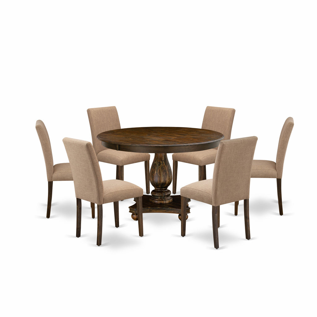 East West Furniture F2AB7-747 7 Piece Dining Room Table Set Consist of a Round Dining Table with Pedestal and 6 Light Sable Linen Fabric Upholstered Chairs