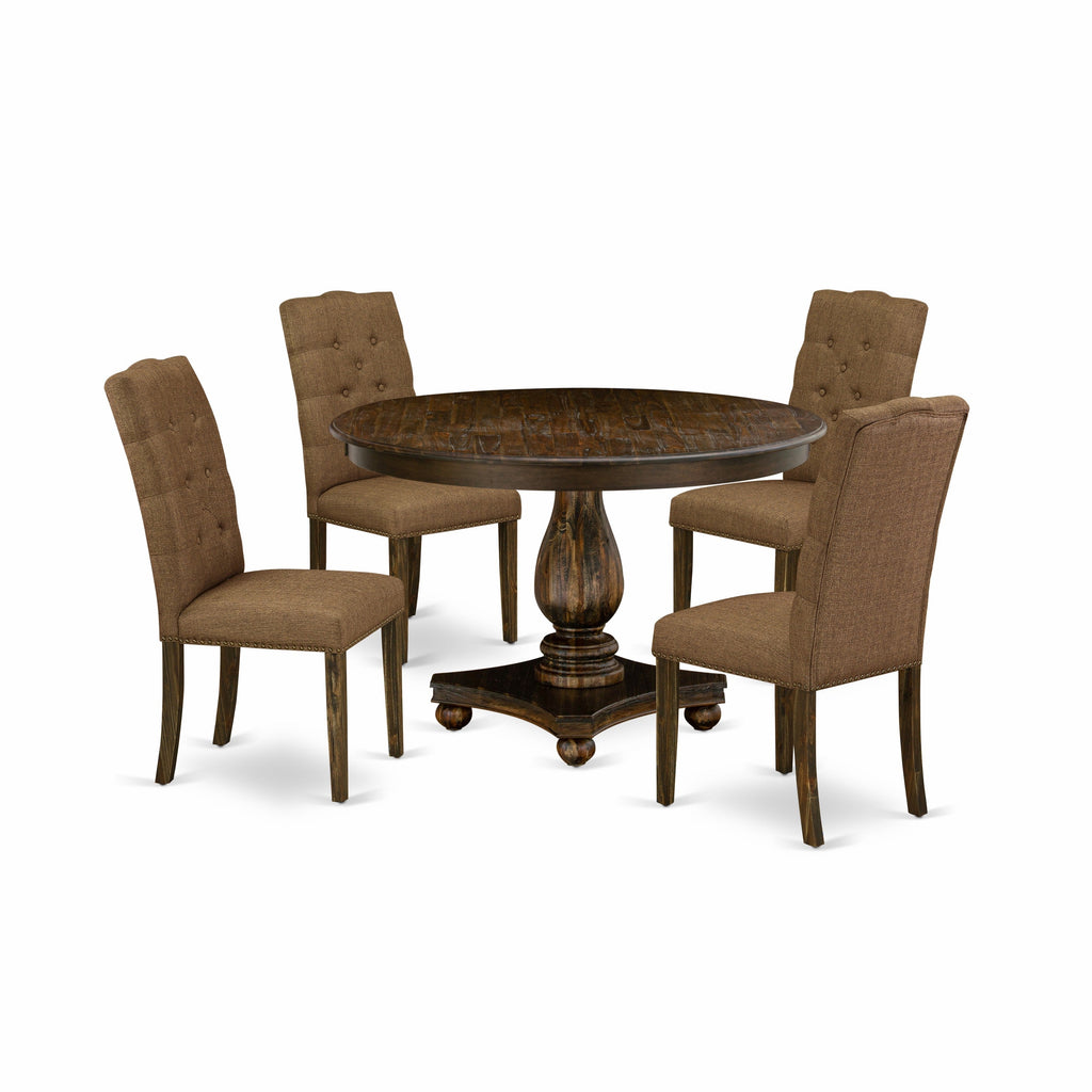East West Furniture F2EL5-718 5 Piece Kitchen Table & Chairs Set Includes a Round Dining Table with Pedestal and 4 Brown Linen Linen Fabric Parson Chairs