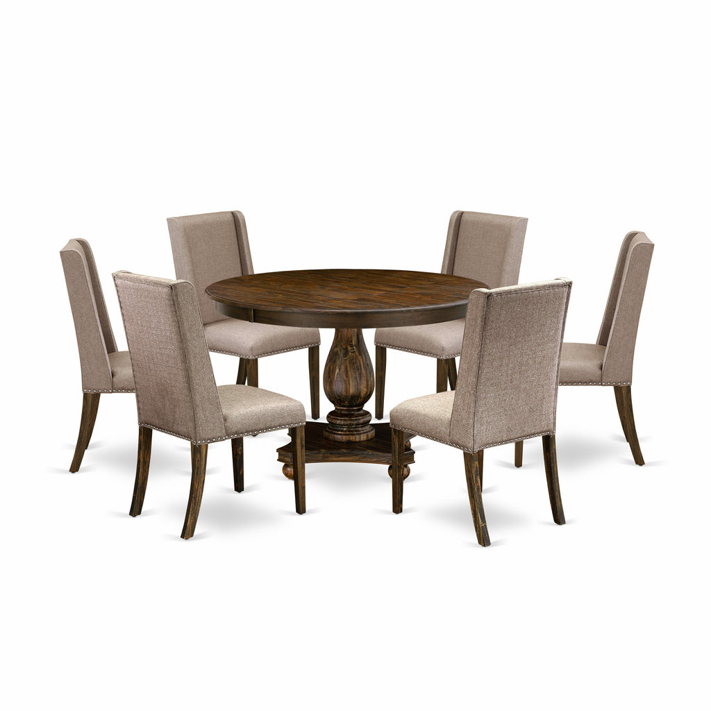East West Furniture F2FL7-716 7 Piece Dining Table Set Consist of a Round Dining Room Table with Pedestal and 6 Dark Khaki Linen Fabric Parsons Chairs