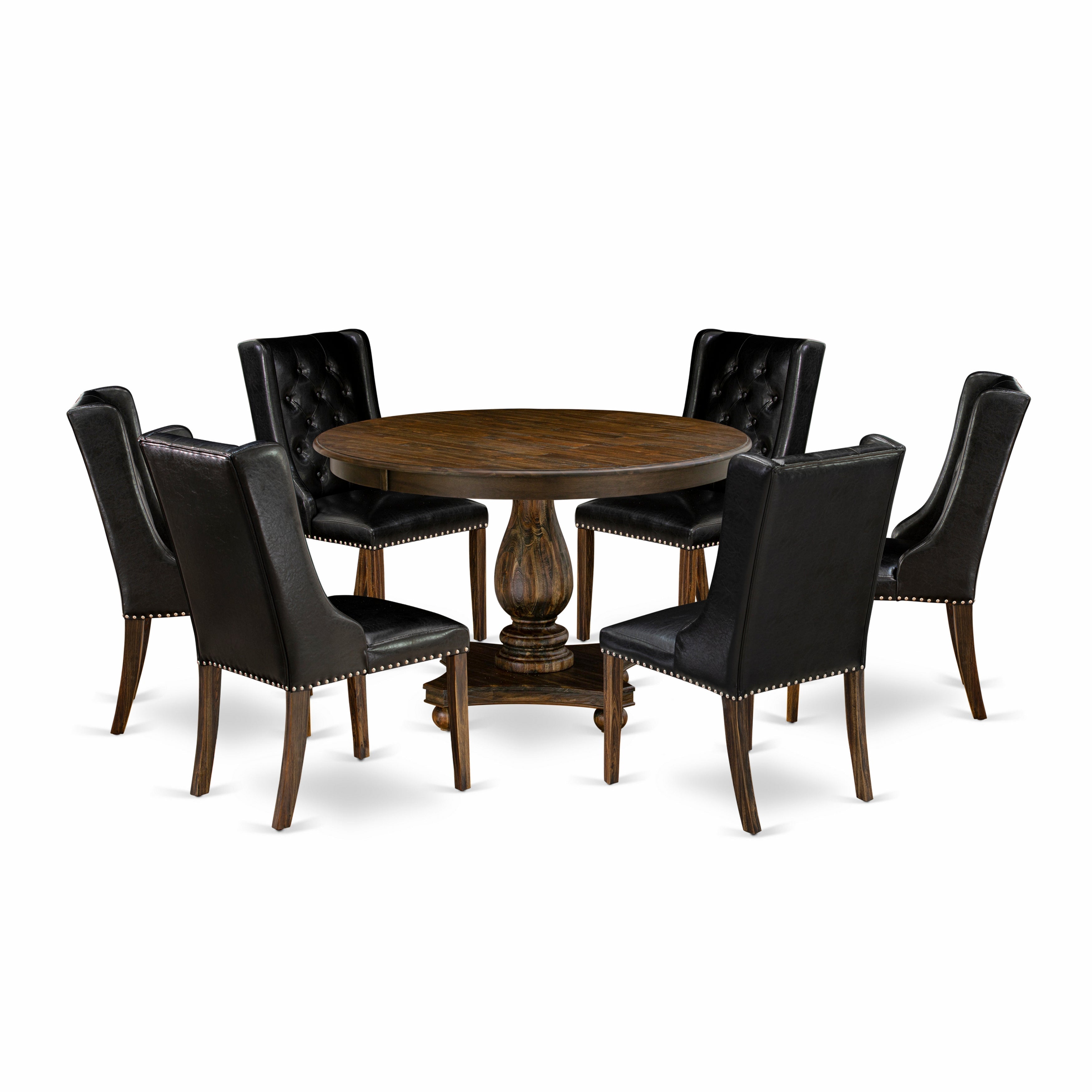 East West Furniture F2FO7-749 7 Piece Kitchen Table Set Consists of a Modern Kitchen Table and 6 Black PU faux Leather Mid Century Chairs with Button Tufted Back - Distressed Jacobean Finish