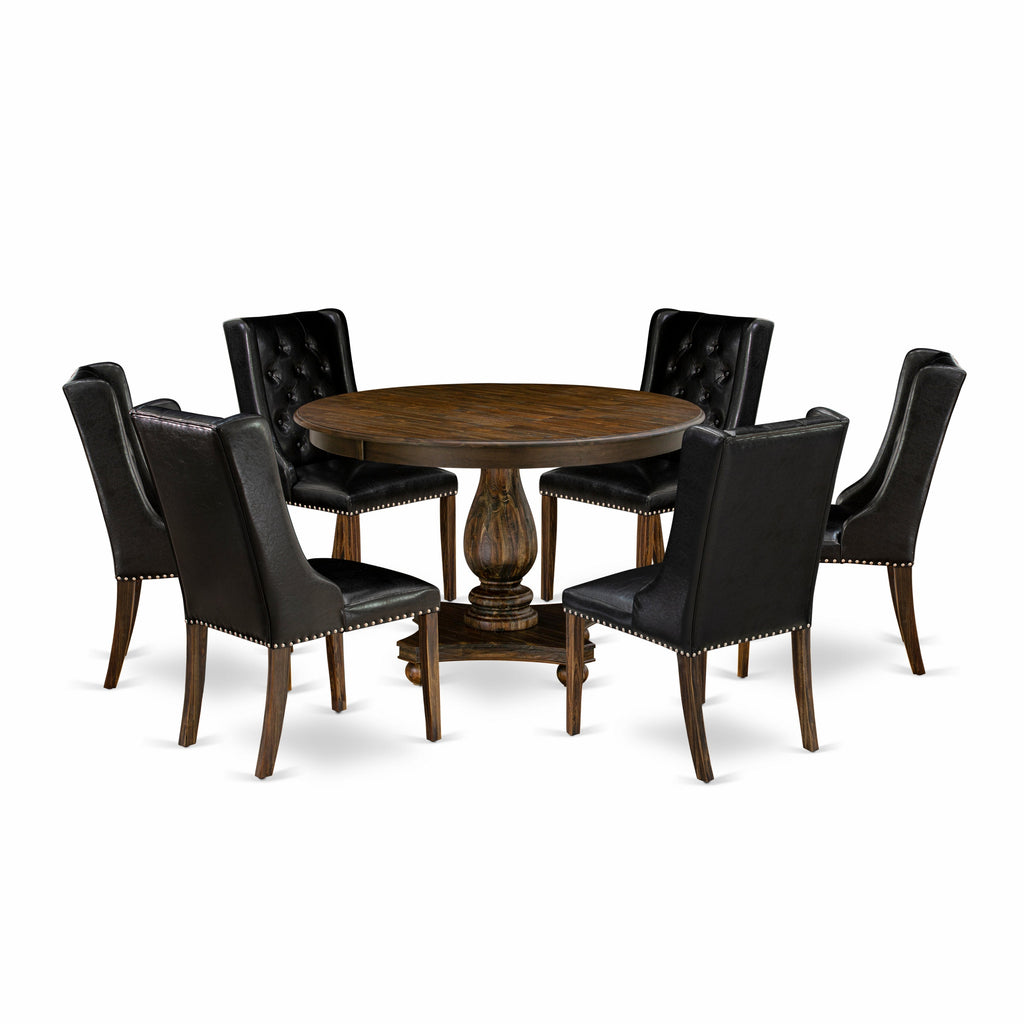 Juego de mesa de comedor de 7 piezas East West Furniture F2FO7-749 compuesto por una mesa de comedor redonda con pedestal y 6 sillas tapizadas en piel sintética negra.