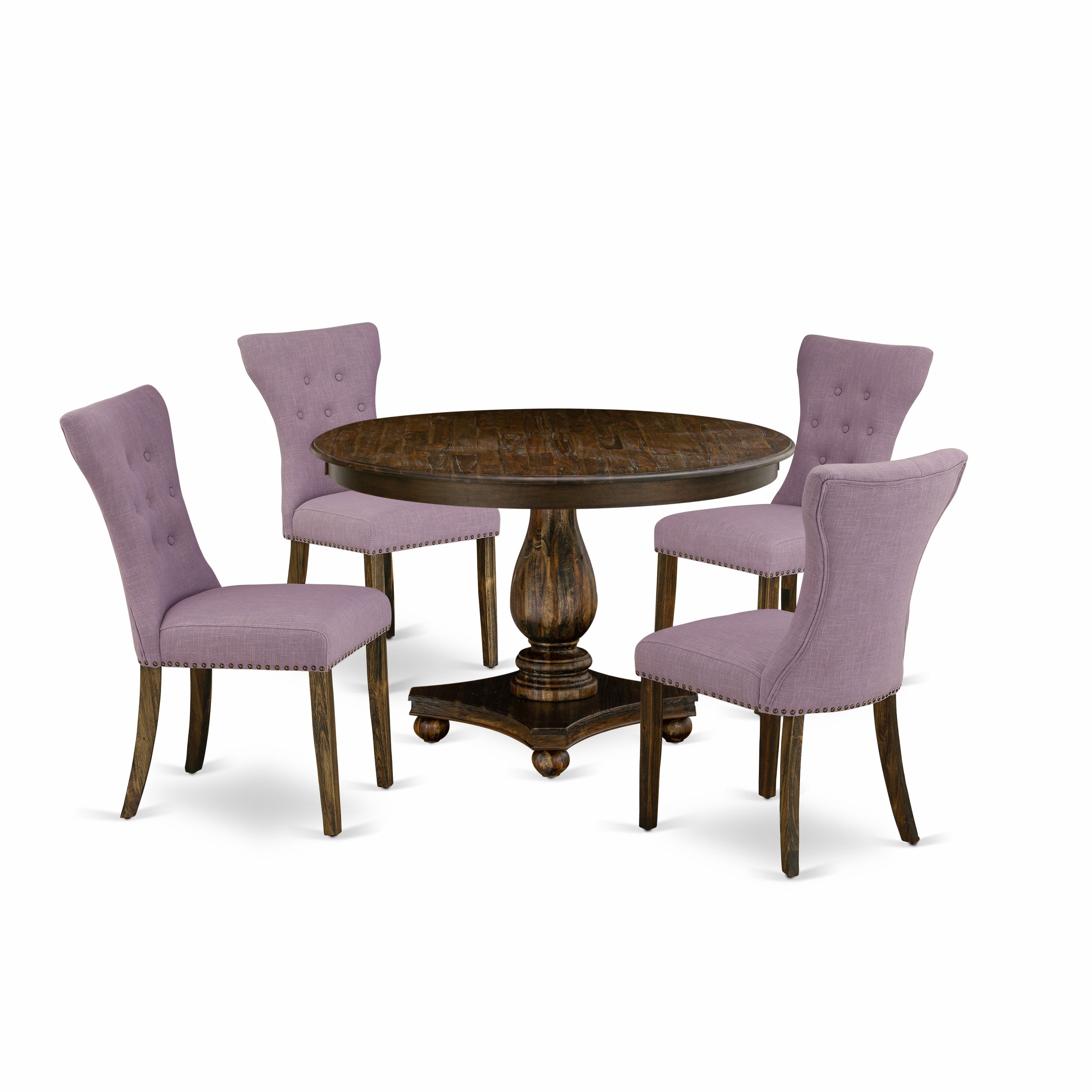 Juego de mesa de cocina de 5 piezas East West Furniture F2GA5-740 para 4 personas. Incluye una mesa de comedor redonda con pedestal y 4 sillas tapizadas en tela de lino Dahlia.