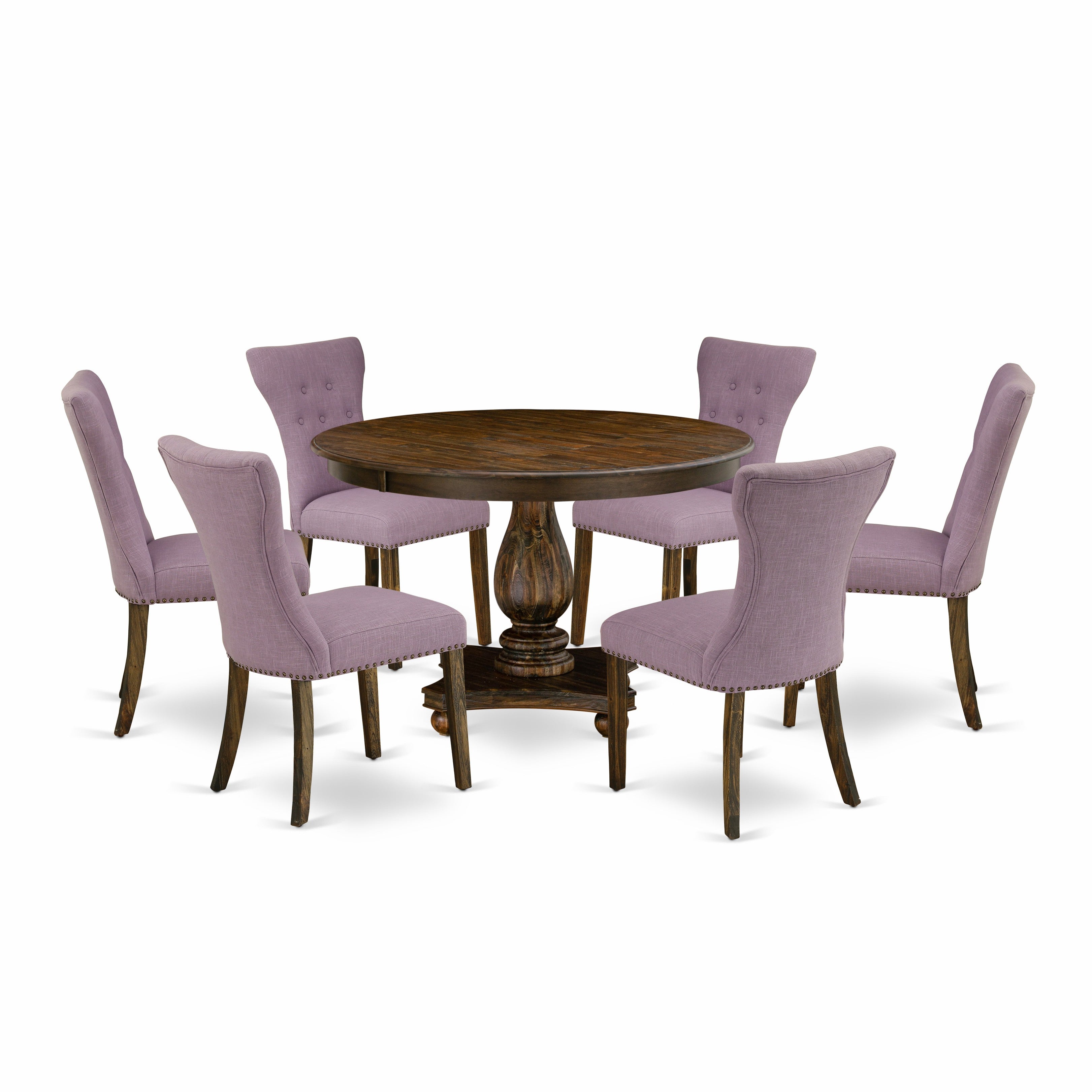 East West Furniture F2GA7-740 7 Piece Dining Table Set Consists of a Wood Dining Table and 6 Dahlia Linen Fabric Mid Century Dining Chairs with Button Tufted Back - Distressed Jacobean Finish