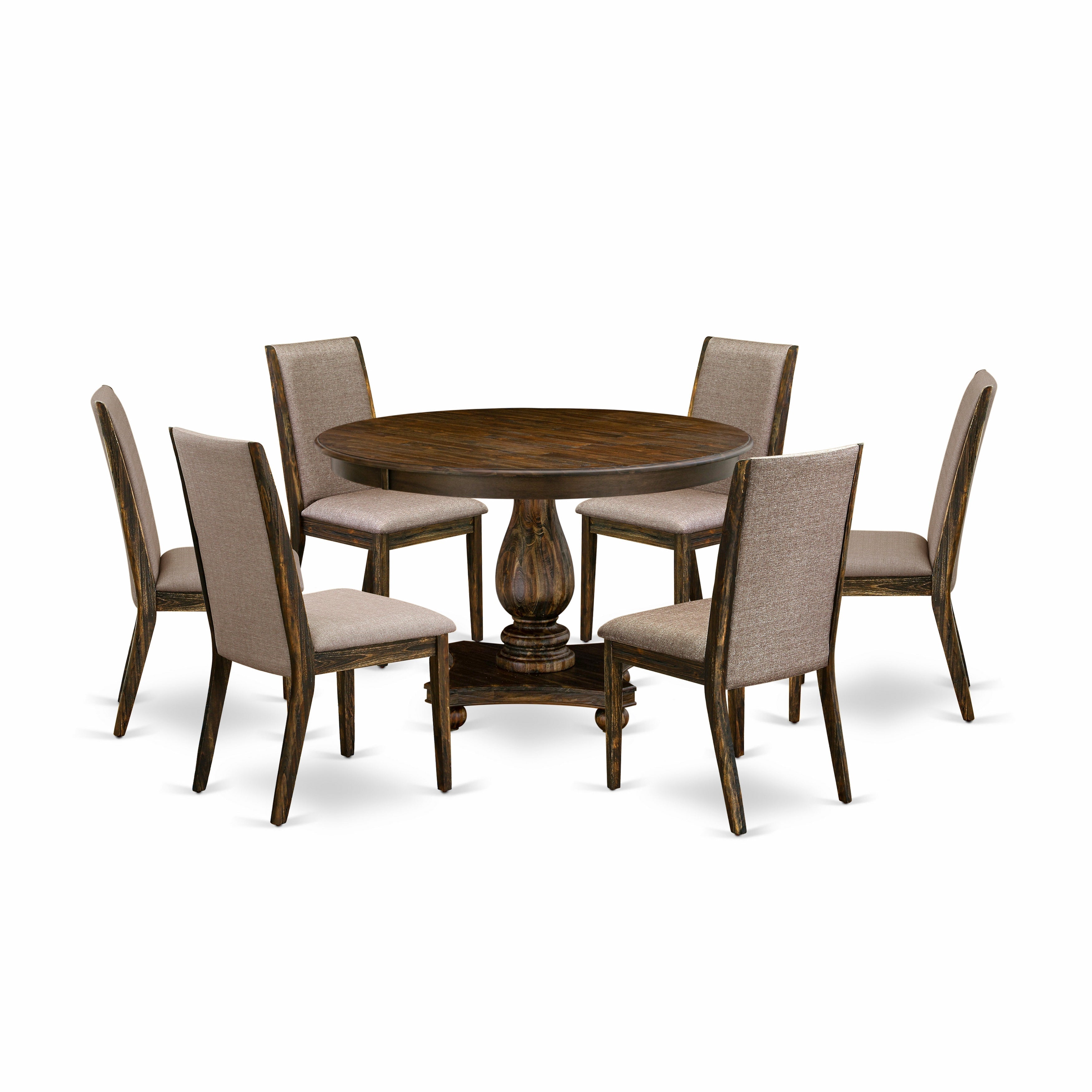 East West Furniture F2LA7-716 7 Piece Dining Set Contains a Mid Century Modern Dining Table and 6 Dark Khaki Linen Fabric Dining Room Chairs with High Back - Distressed Jacobean Finish