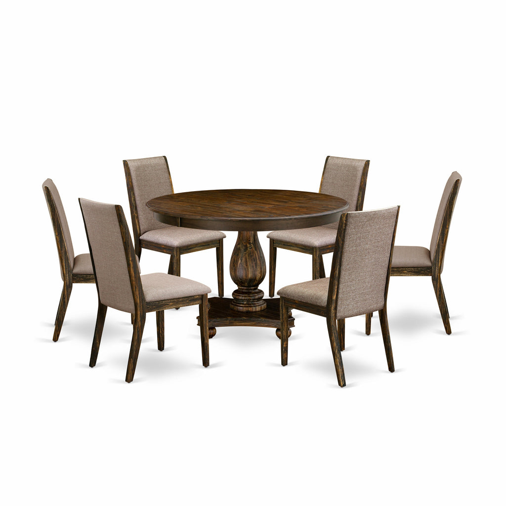 Juego de mesa de comedor de 7 piezas East West Furniture F2LA7-716 compuesto por una mesa de comedor redonda con pedestal y 6 sillas tapizadas en tela de lino color caqui oscuro.