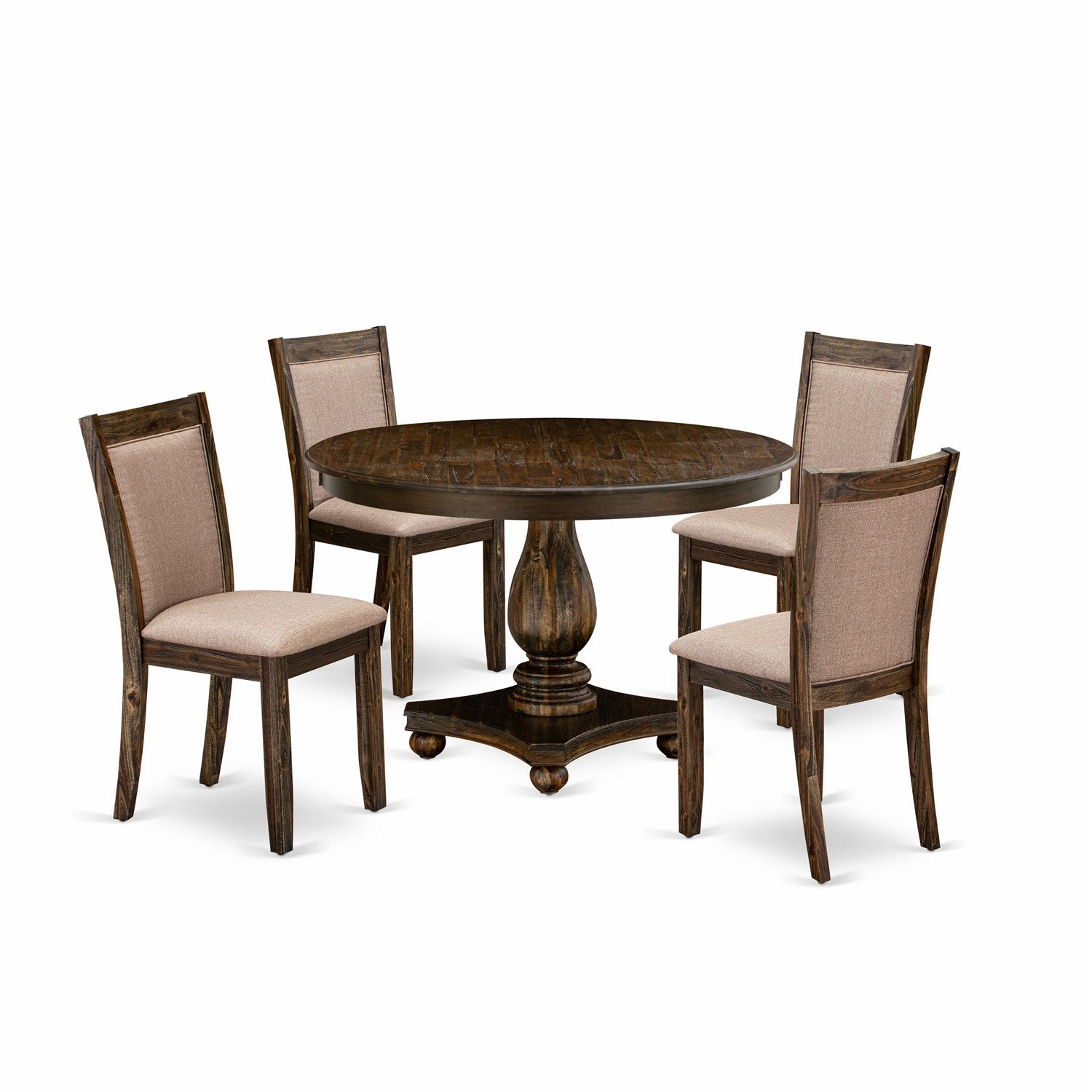 East West Furniture F2MZ5-716 5 Piece Dinner Table Set Includes a Kitchen Table and 4 Dark Khaki Linen Fabric Upholstered Dining Chairs with High Back - Distressed Jacobean Finish