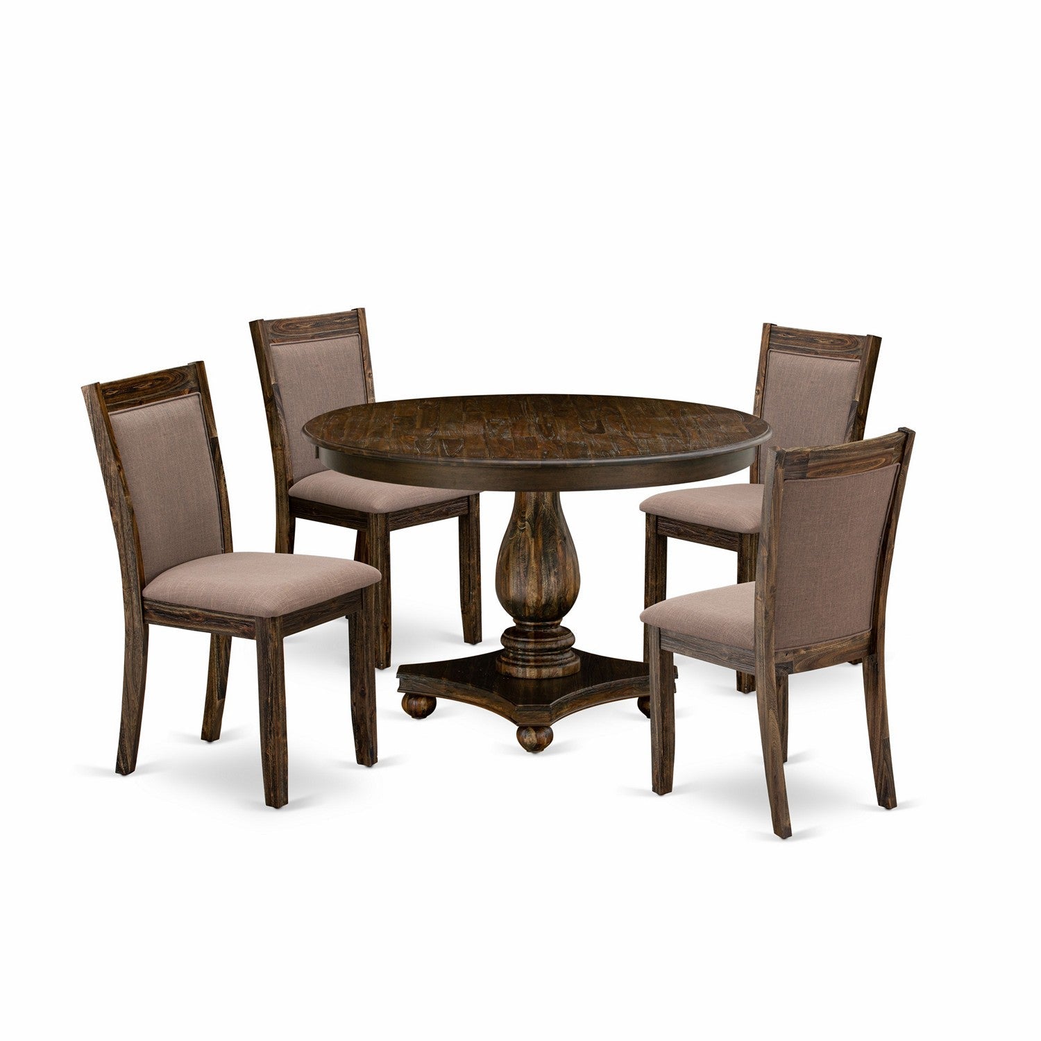 East West Furniture F2MZ5-748 5-Pc Dining Set - Pedestal Dinette Table and 4 Coffee Color Parson Chairs with High Back - Distressed Jacobean Finish