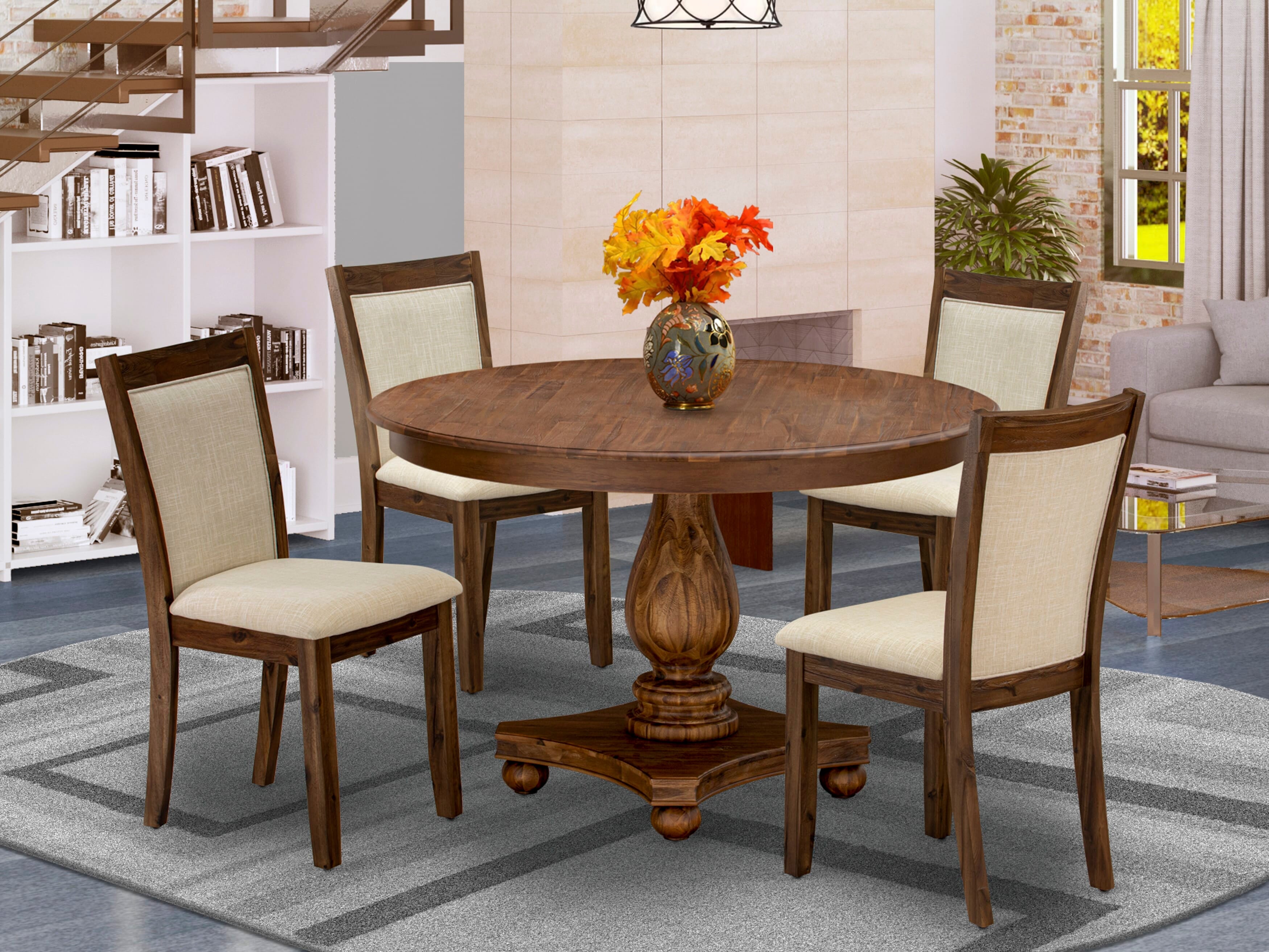 East West Furniture F2MZ5-N02 5-Pc Dinner Table Set - Modern Kitchen Pedestal Table and 4 Light Beige Color Parson Chairs with High Back - Antique Walnut Finish
