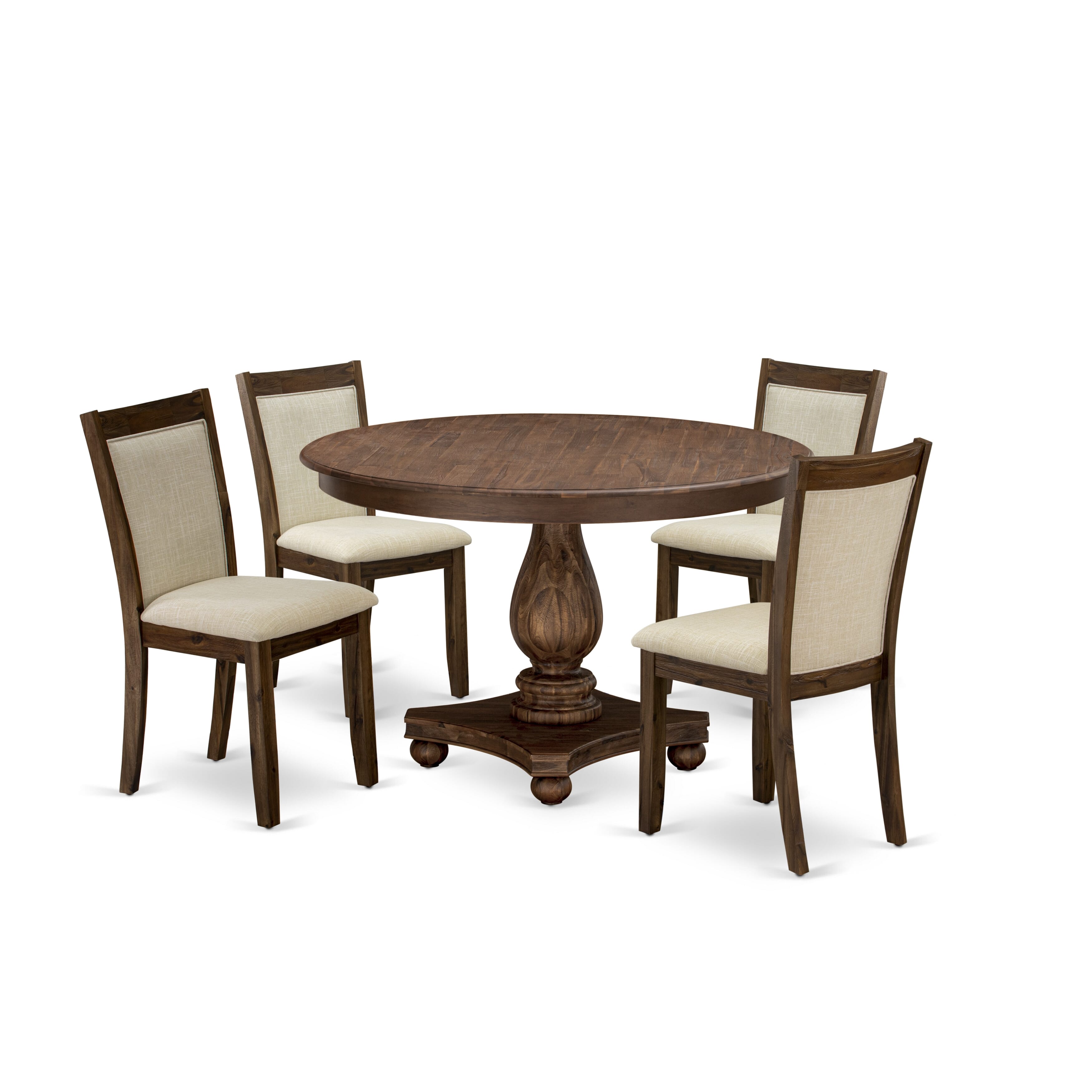 East West Furniture F2MZ5-N02 5-Pc Dinner Table Set - Modern Kitchen Pedestal Table and 4 Light Beige Color Parson Chairs with High Back - Antique Walnut Finish