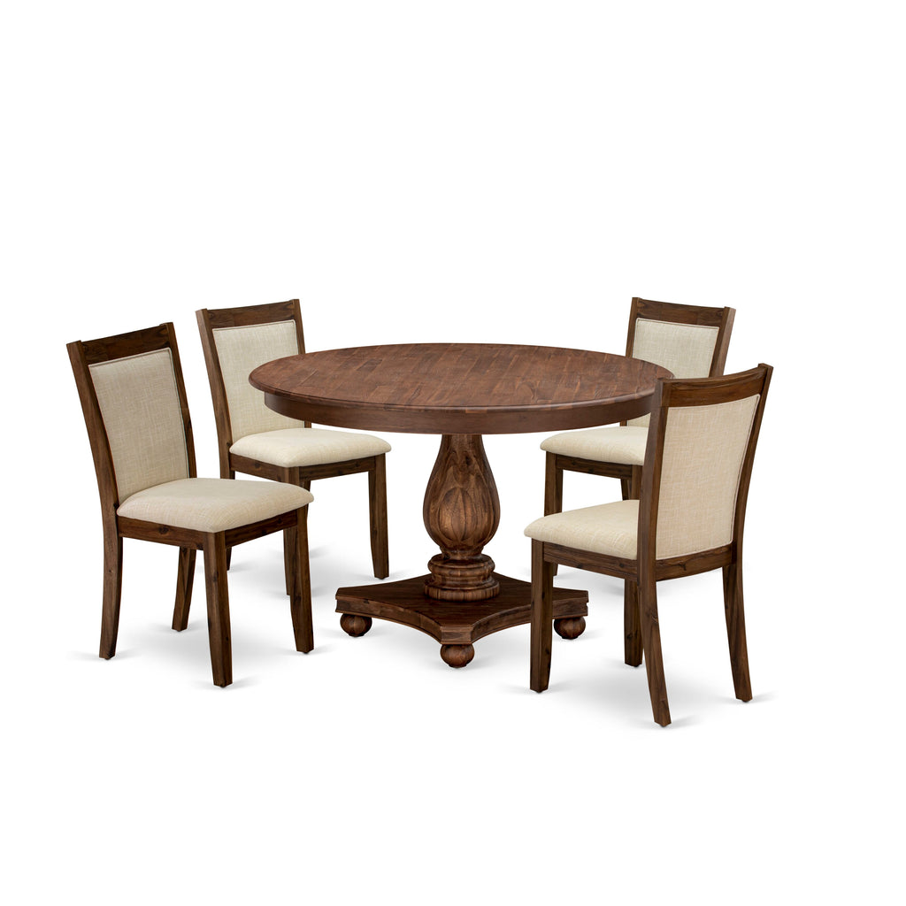 East West Furniture F2MZ5-N02 5 Piece Dining Room Furniture Set Includes a Round Dining Table with Pedestal and 4 Linen Fabric Upholstered Chairs, 48x48 Inch, Antique Walnut