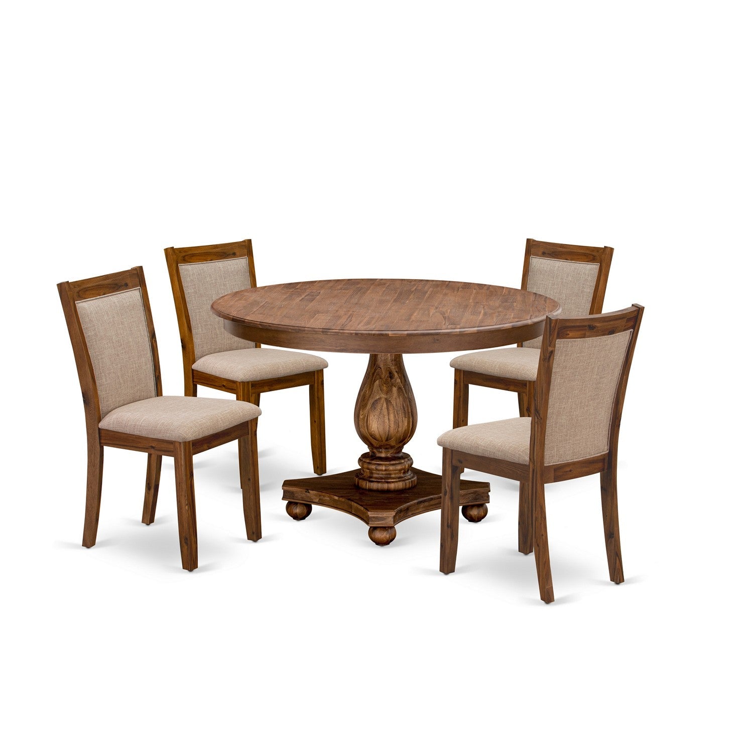 East West Furniture F2MZ5-N04 5-Pc Kitchen Dining Table Set - Pedestal Dining Table and 4 Light Tan Color Parson Dining Chairs with High Back - Antique Walnut Finish