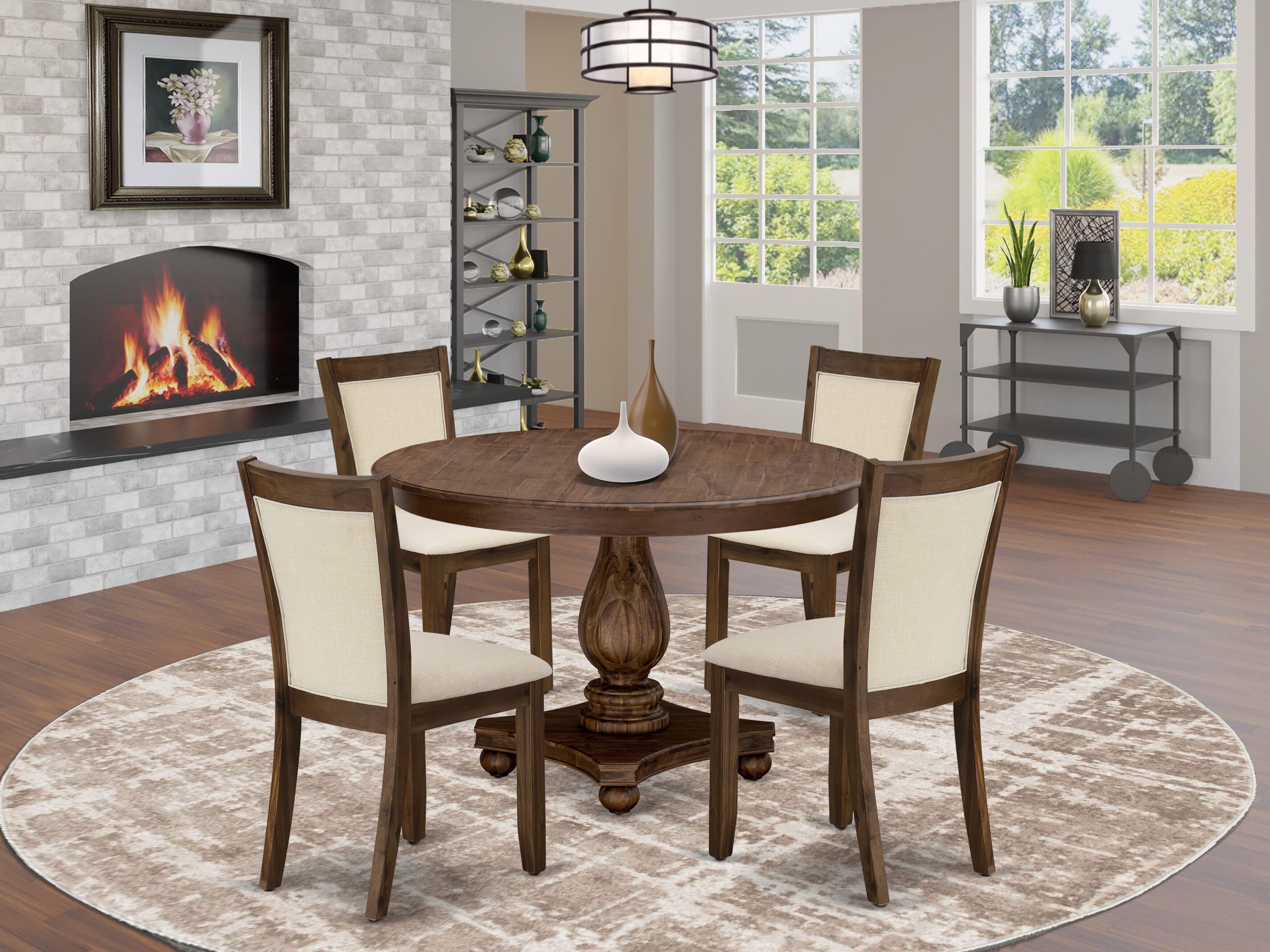 East West Furniture F2MZ5-NN-32 5-Pcs Dining Room Table Set - A Wood Dining Table and 4 Light Beige Linen Fabric Dining Room Chairs with Stylish High Back (Sand Blasting Antique Walnut Finish)