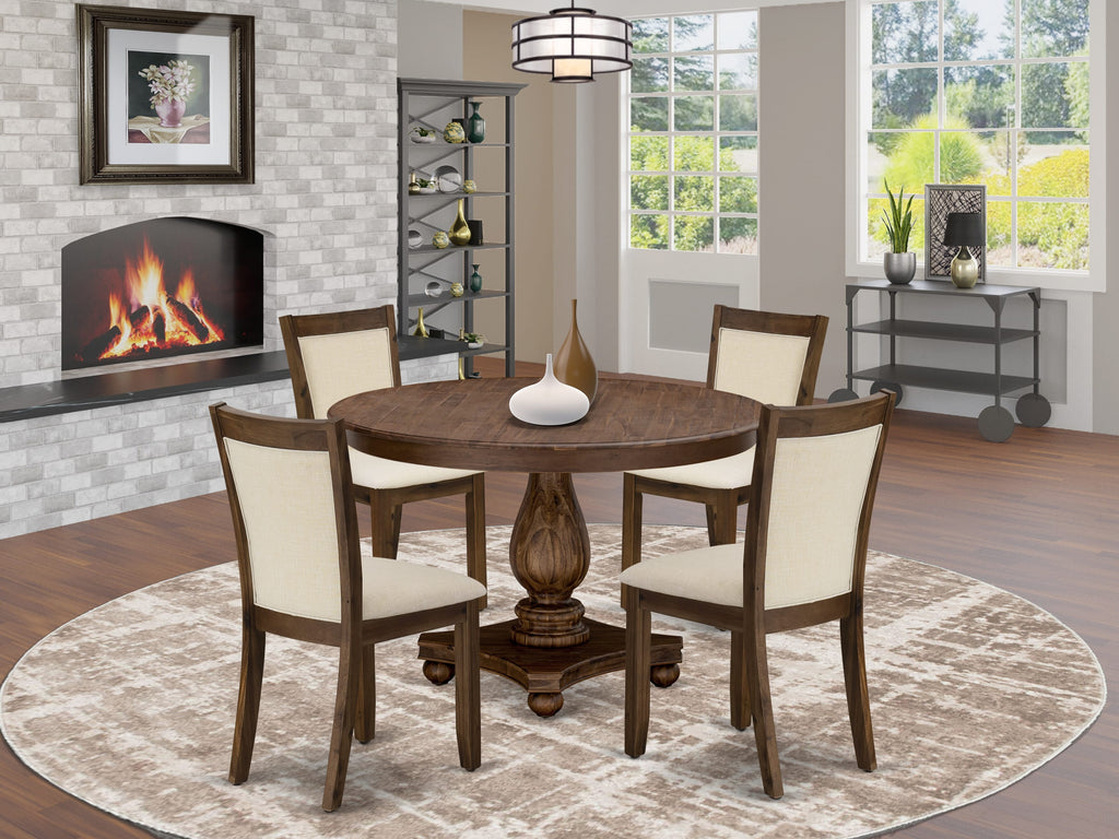 East West Furniture F2MZ5-NN-32 5 Piece Dining Room Set Includes a Round Dining Table with Pedestal and 4 Light Beige Linen Fabric Parson Chairs, 48x48 Inch, Sandblasting Antique Walnut