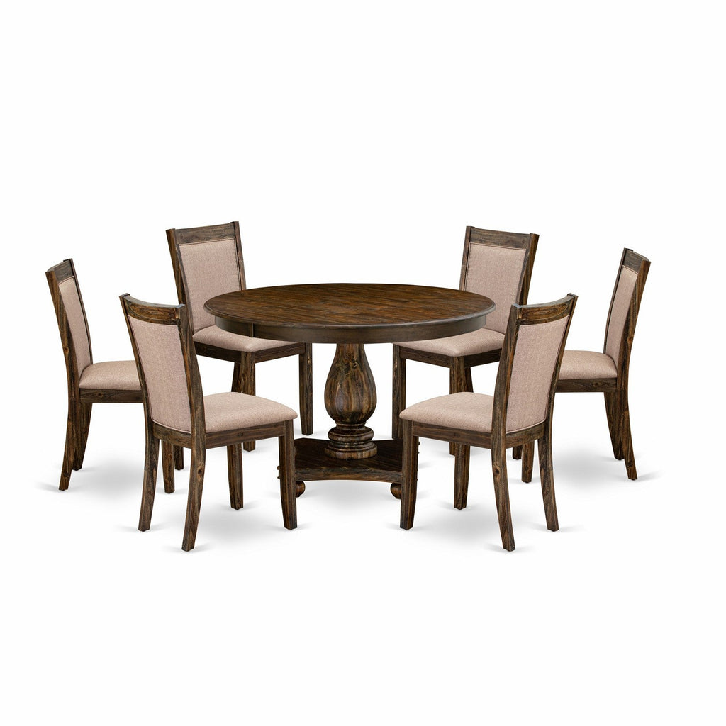 East West Furniture F2MZ7-716 7 Piece Dining Set Consist of a Round Dining Room Table with Pedestal and 6 Dark Khaki Linen Fabric Upholstered Chairs, 48x48 Inch, Distressed Jacobean