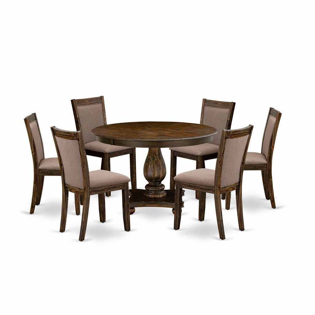 East West Furniture F2MZ7-748 7 Piece Kitchen Table & Chairs Set Consist of a Round Dining Room Table with Pedestal and 6 Coffee Linen Fabric Parsons Chairs, 48x48 Inch, Distressed Jacobean
